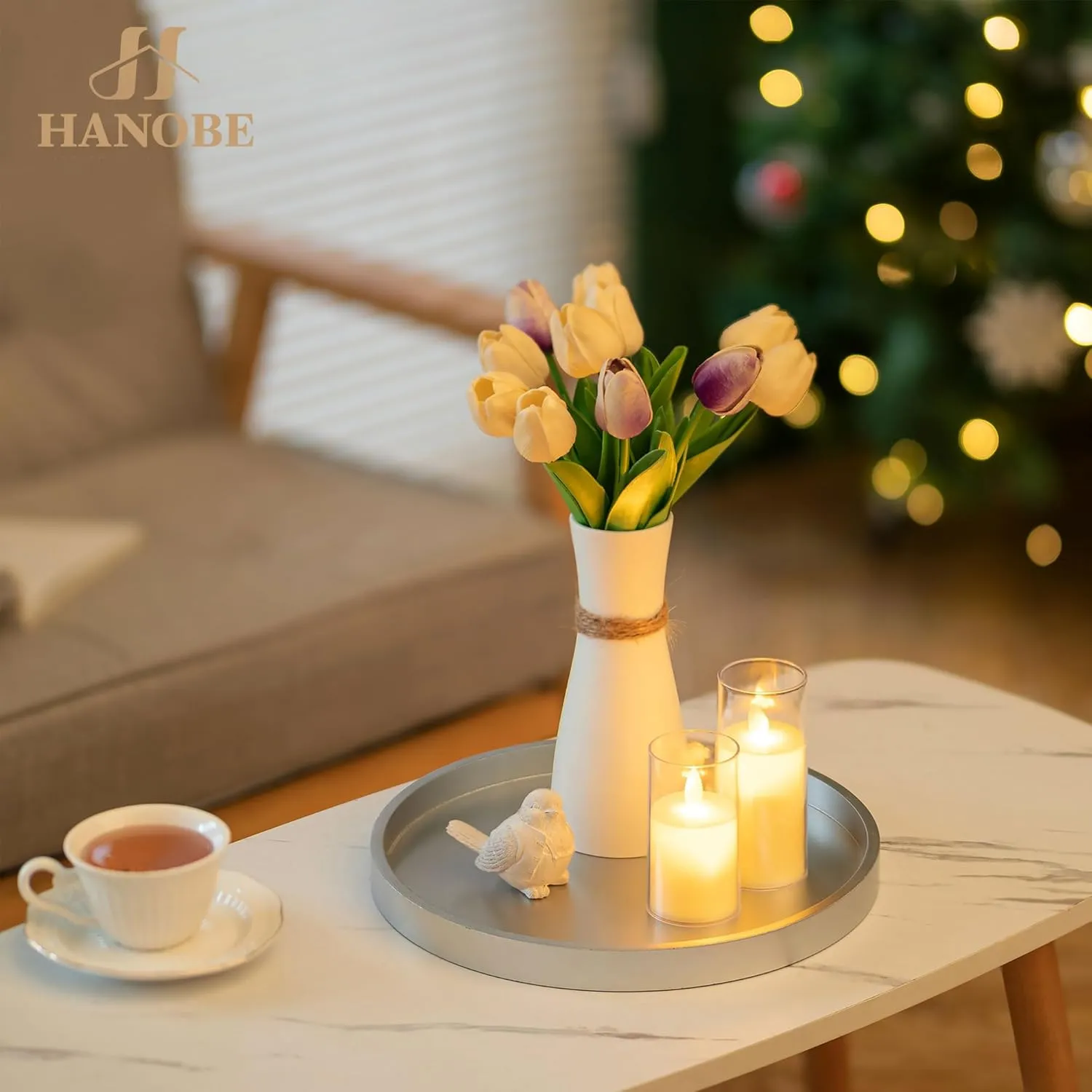Hanobe Candle Plate Holder Tray: Champagne Sliver Round Wood Candle Plate Decorative Centerpiece Small Tealight Pillar Trays for Living Room Dining Coffee Table Home Decor