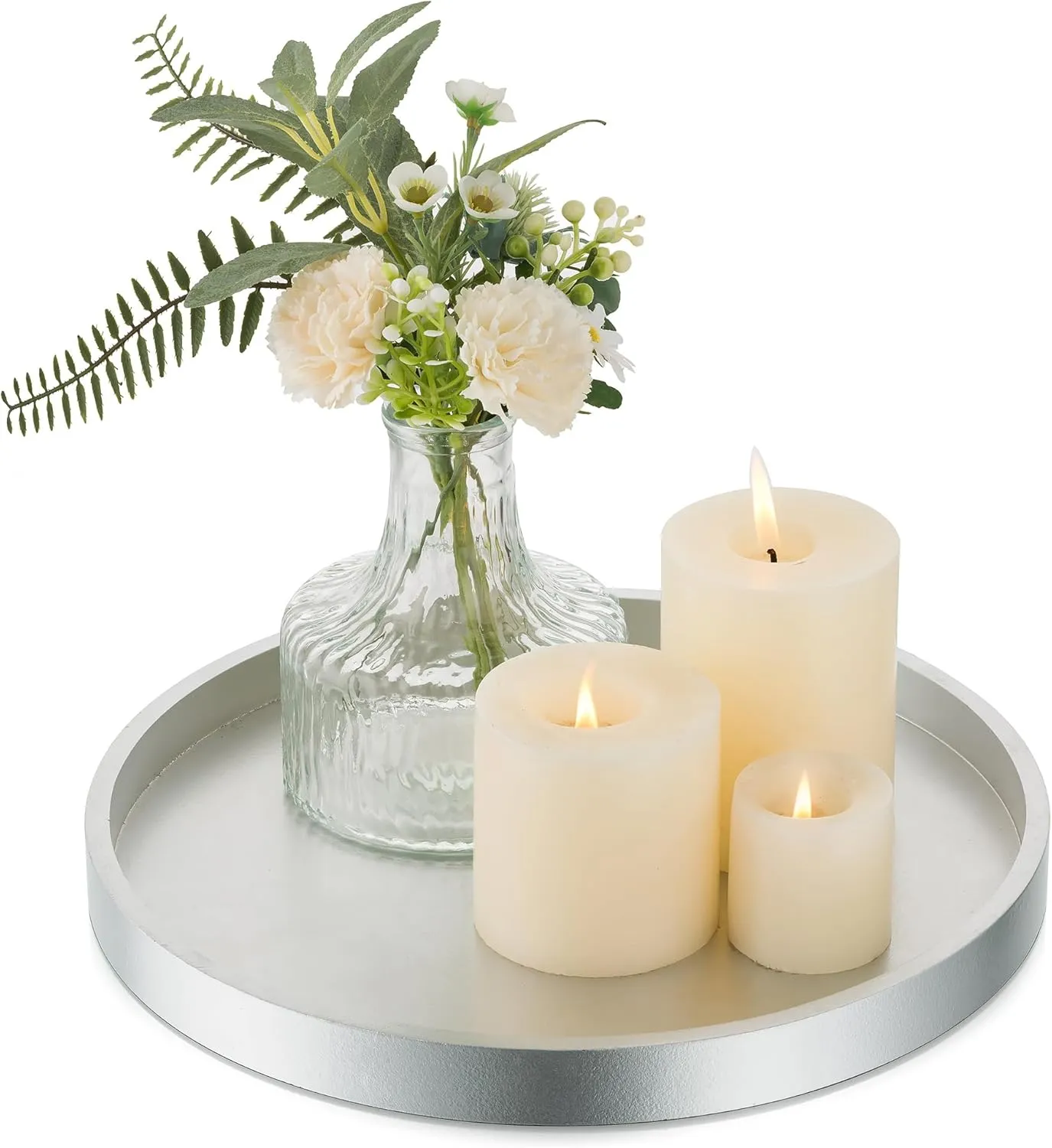 Hanobe Candle Plate Holder Tray: Champagne Sliver Round Wood Candle Plate Decorative Centerpiece Small Tealight Pillar Trays for Living Room Dining Coffee Table Home Decor