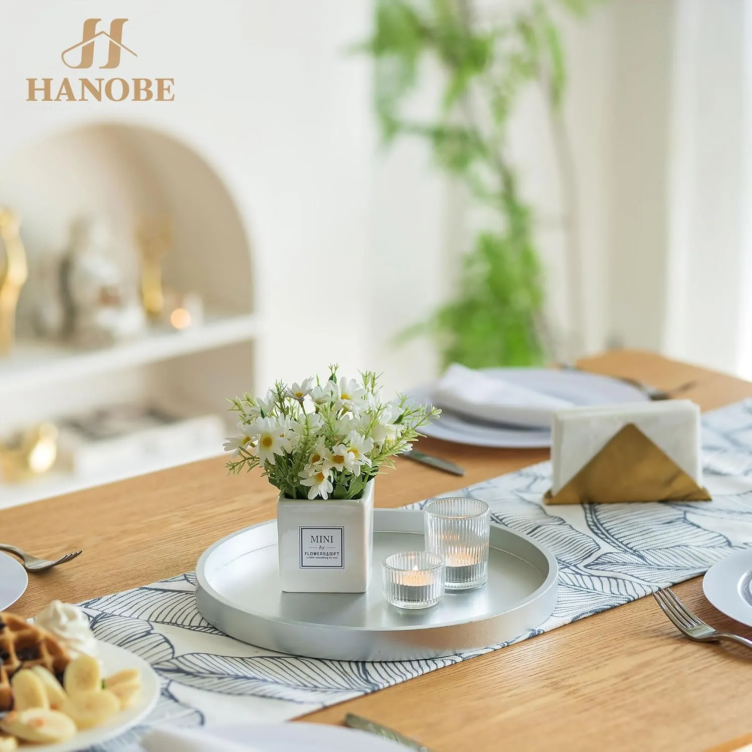 Hanobe Candle Plate Holder Tray: Champagne Sliver Round Wood Candle Plate Decorative Centerpiece Small Tealight Pillar Trays for Living Room Dining Coffee Table Home Decor