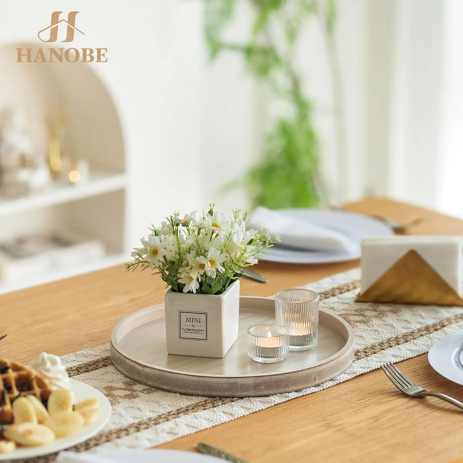 Hanobe Candle Plate Holder Tray: Whitewash Round Wood Candle Plate Decorative Centerpiece Small Tealight Pillar Trays for Living Room Dining Coffee Table Home Decor