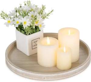 Hanobe Candle Plate Holder Tray: Whitewash Round Wood Candle Plate Decorative Centerpiece Small Tealight Pillar Trays for Living Room Dining Coffee Table Home Decor