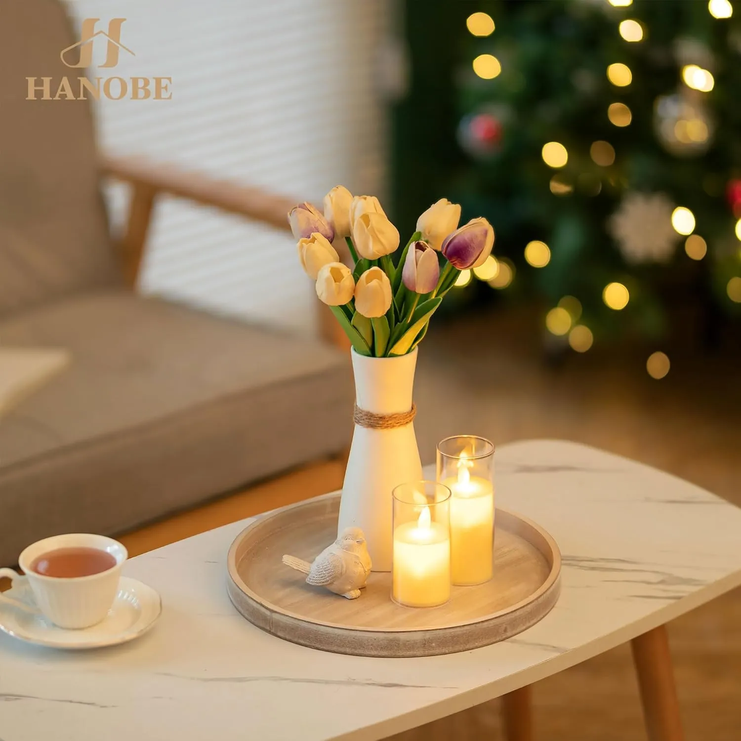 Hanobe Candle Plate Holder Tray: Whitewash Round Wood Candle Plate Decorative Centerpiece Small Tealight Pillar Trays for Living Room Dining Coffee Table Home Decor