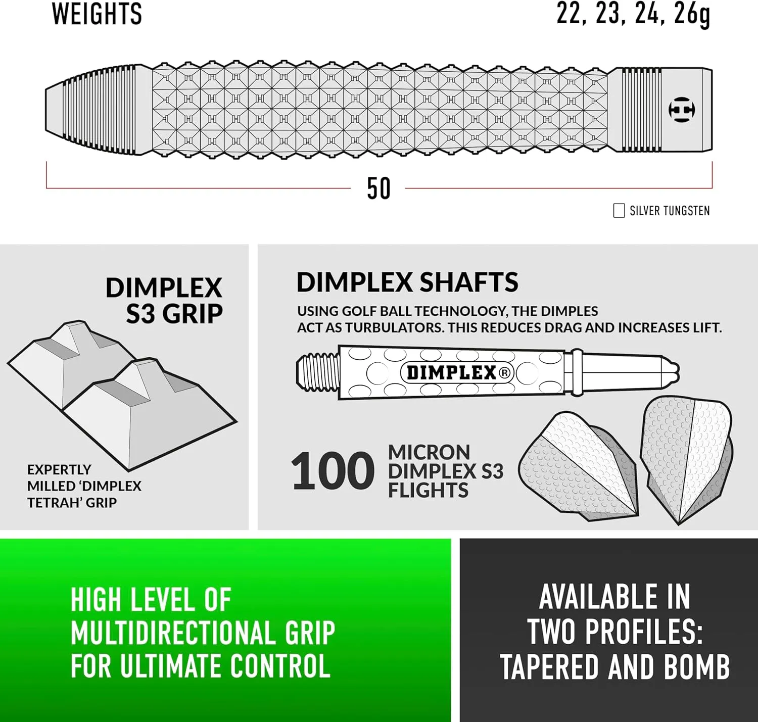 Harrows Dimplex Bomb & Tapered Darts Set I Professional Darts 90% Tungsten Steel Tip All Weights I 10pc Set with Black Dimplex Midi Shafts & Dimplex Flights
