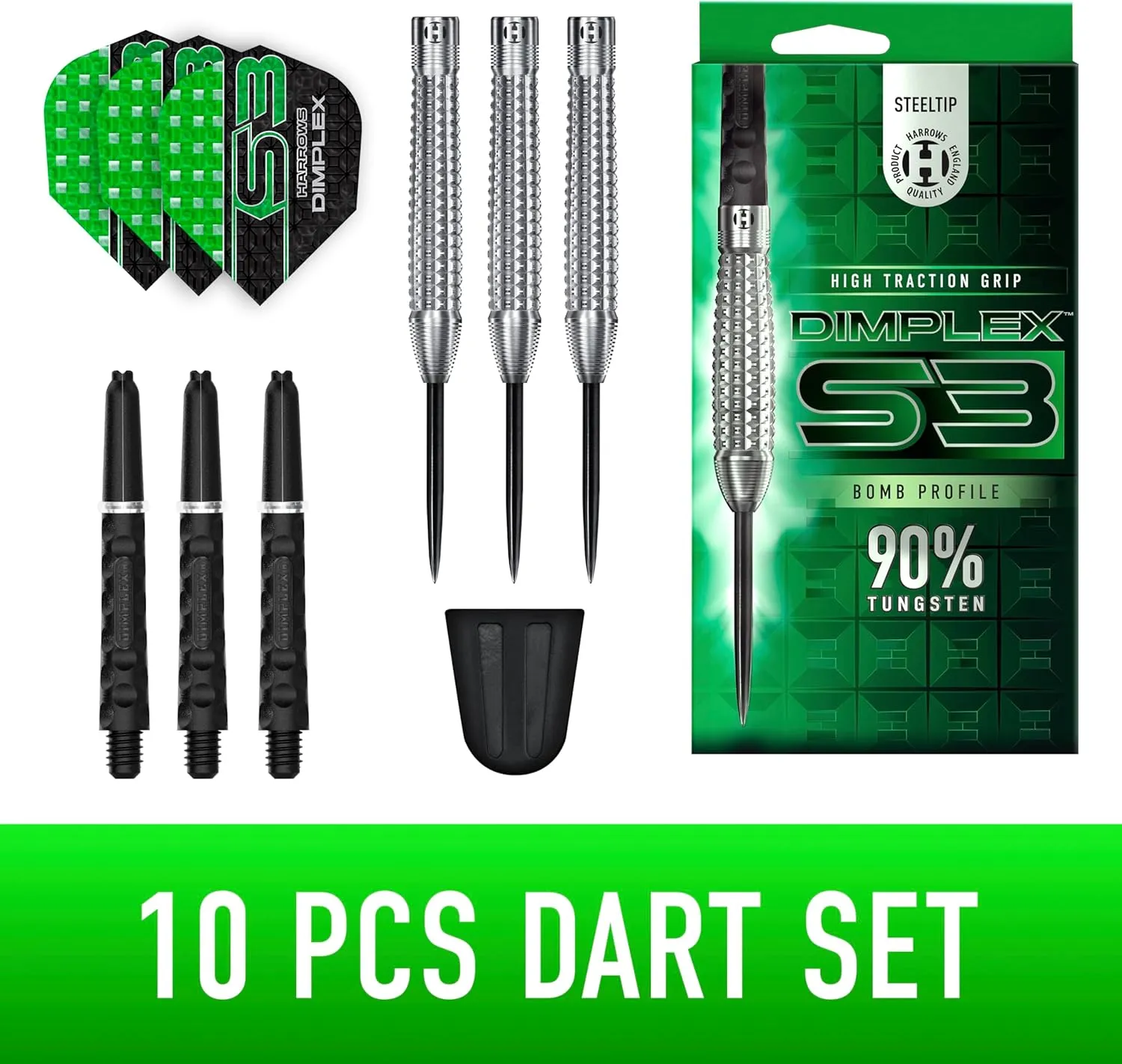 Harrows Dimplex Bomb & Tapered Darts Set I Professional Darts 90% Tungsten Steel Tip All Weights I 10pc Set with Black Dimplex Midi Shafts & Dimplex Flights