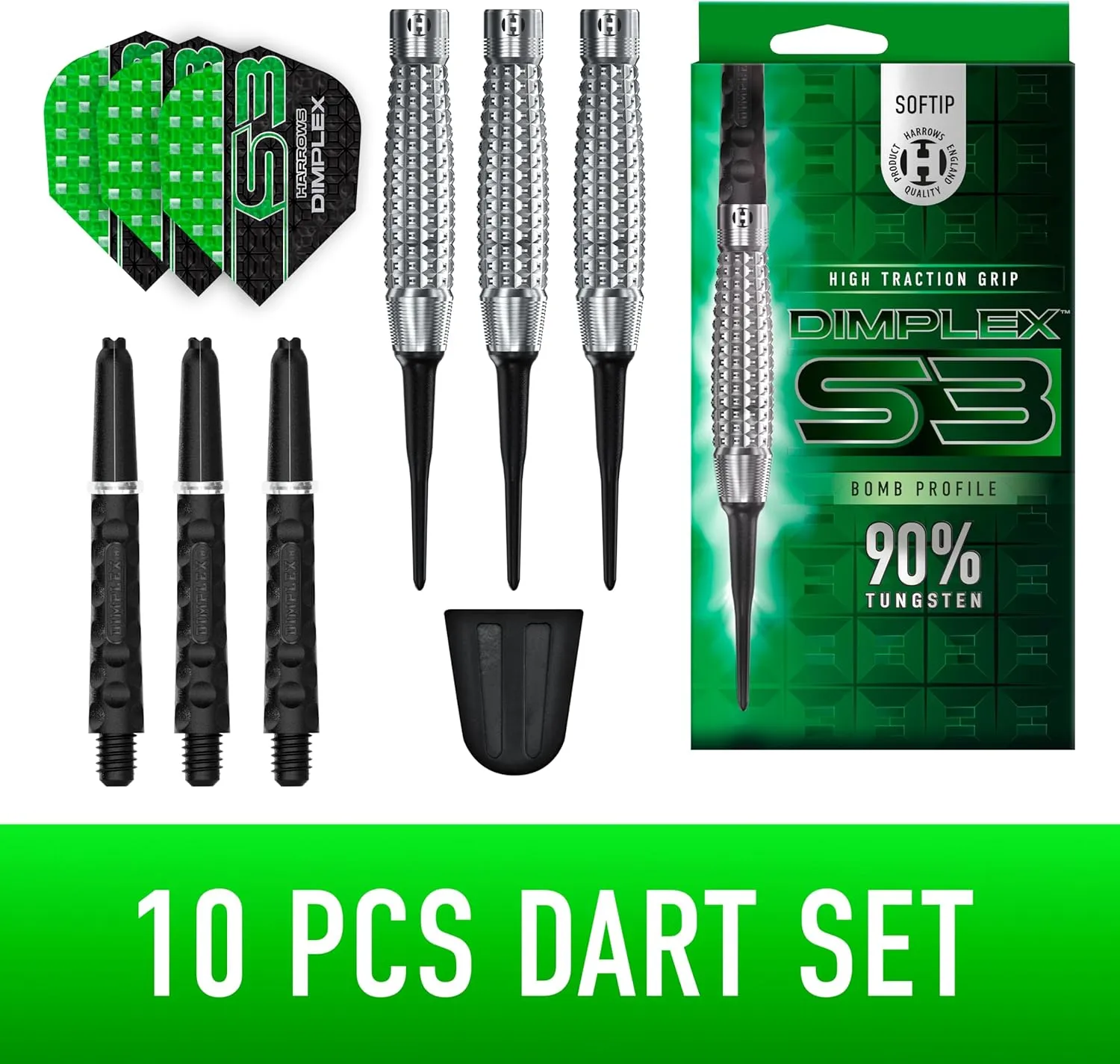 Harrows Dimplex Bomb Darts Set I Professional Darts 90% Tungsten Soft Tip All Weights Pro Darts I 10pc Set with Black Dimplex Midi Shafts & Dimplex Flights