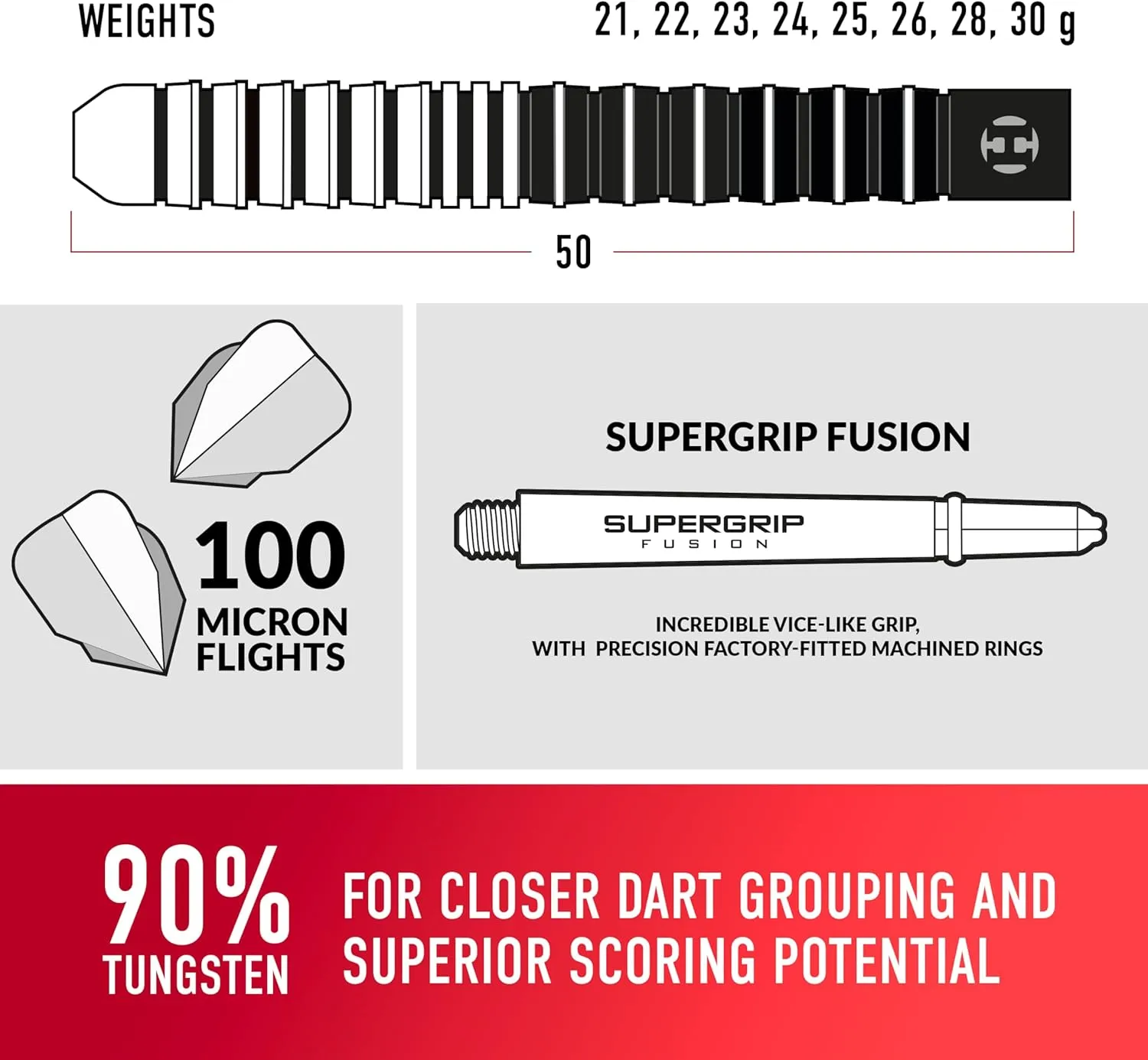 Harrows Predator 90% Tungsten Steel Tip Darts Set 21g, 22g, 23g, 24g, 25g & 26g - Includes Ultra Traction Grip, Supergrip Fusion Shafts, Prime Flights & Travel Case