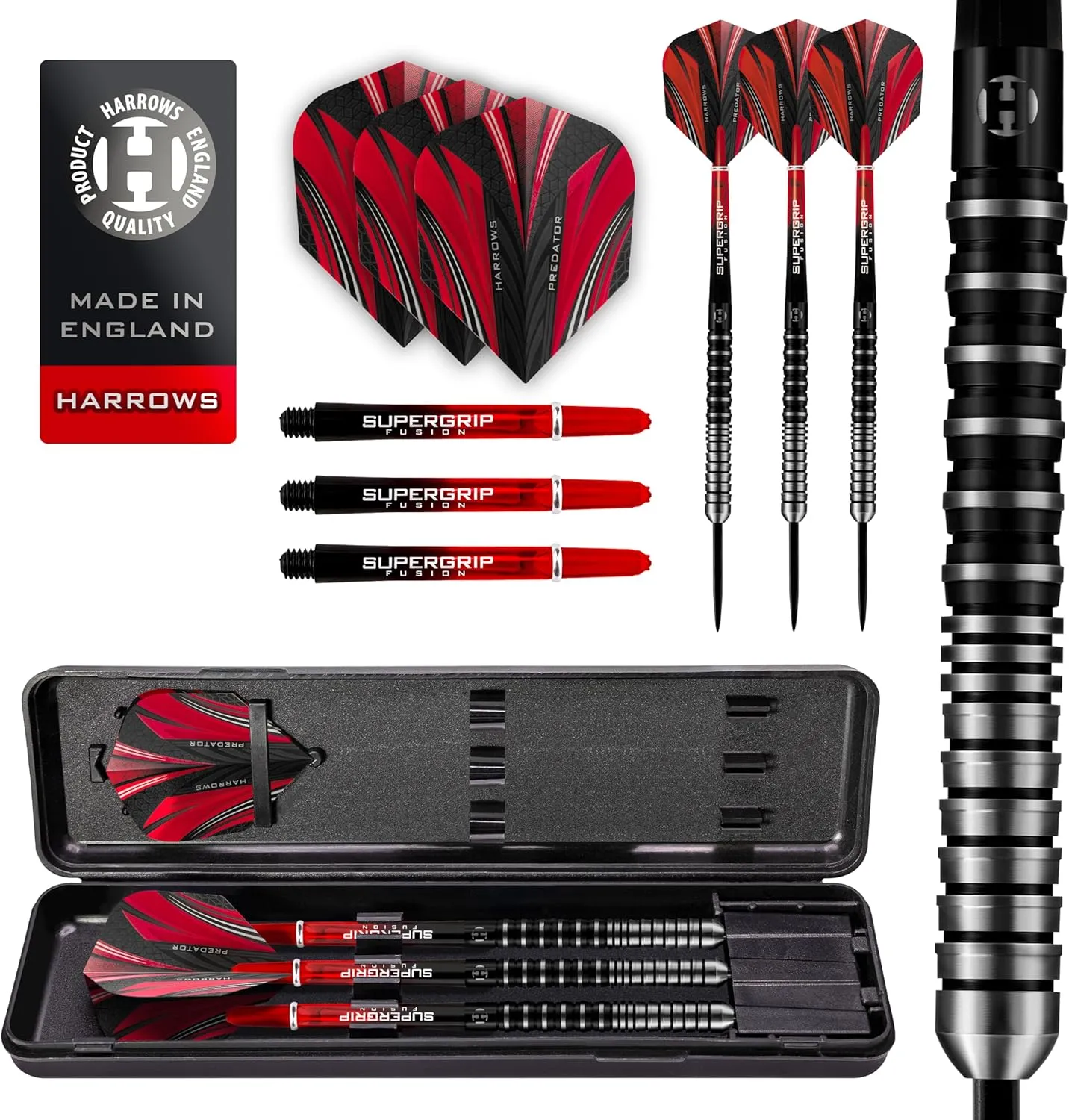 Harrows Predator 90% Tungsten Steel Tip Darts Set 21g, 22g, 23g, 24g, 25g & 26g - Includes Ultra Traction Grip, Supergrip Fusion Shafts, Prime Flights & Travel Case