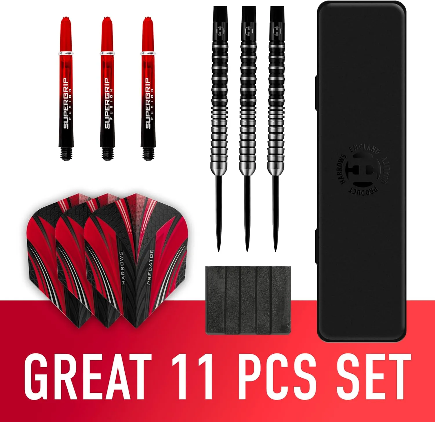 Harrows Predator 90% Tungsten Steel Tip Darts Set 21g, 22g, 23g, 24g, 25g & 26g - Includes Ultra Traction Grip, Supergrip Fusion Shafts, Prime Flights & Travel Case