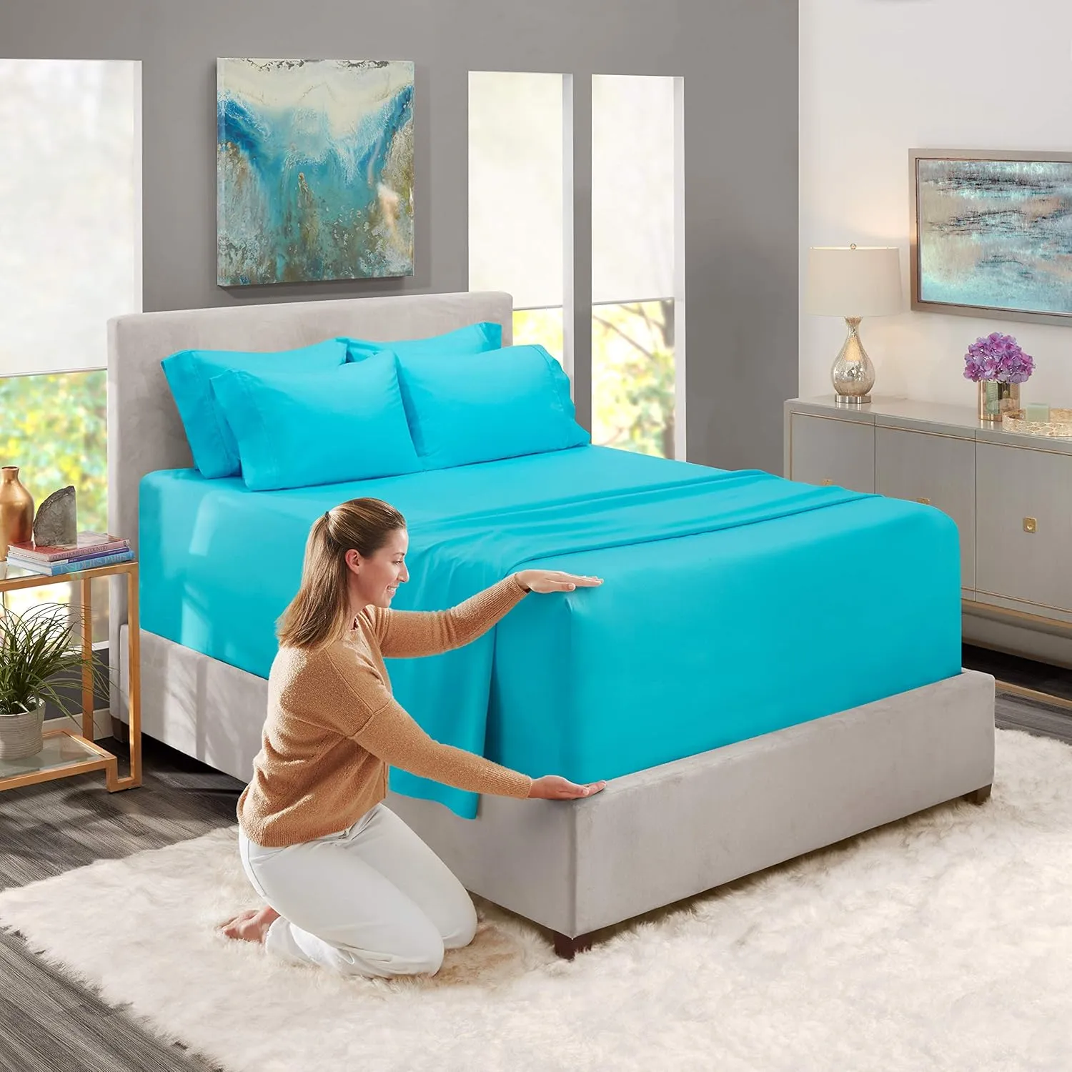 Hearth & Harbor Extra Deep Pocket King Size Sets - Fits Mattress 18-24 Inches Deep - Extra Deep Pocket Sheets - 6 Piece King Size - King - Beach Blue Sheets