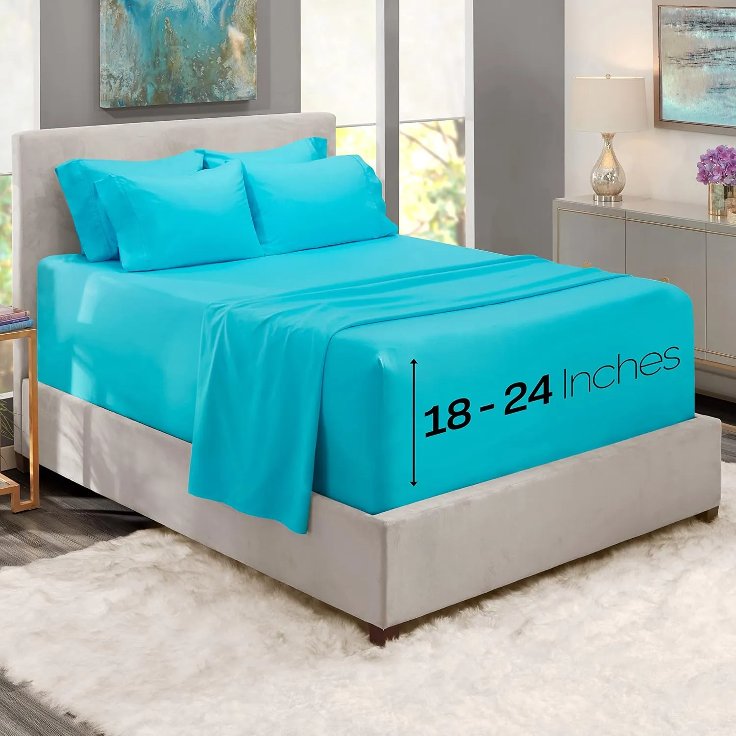 Hearth & Harbor Extra Deep Pocket King Size Sets - Fits Mattress 18-24 Inches Deep - Extra Deep Pocket Sheets - 6 Piece King Size - King - Beach Blue Sheets