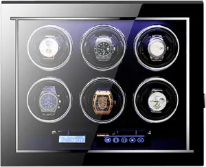 High End Wooden Watch Winder with Telescopic Watch Pillows for 6 Watches, Blue Led Illumination, LCD Touch Screen, Remote Control,15 Rotation Modes,Japanese Super Quiet Motor