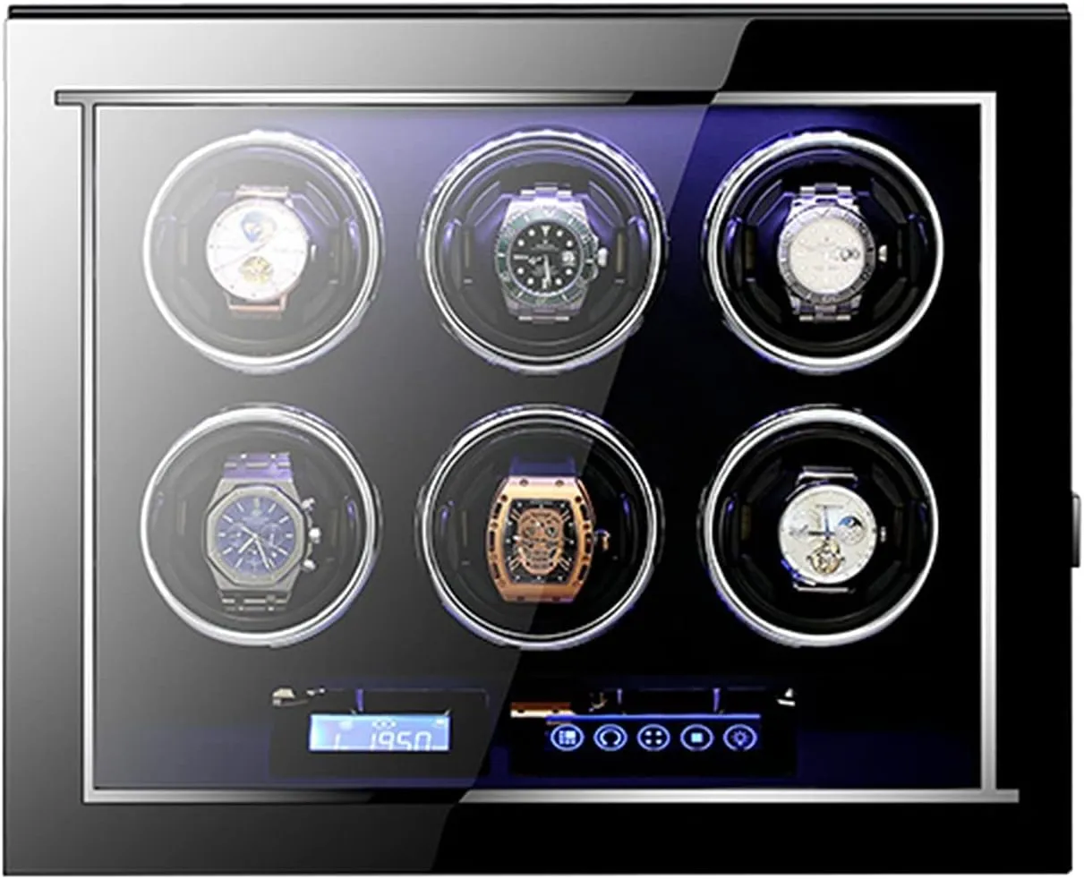 High End Wooden Watch Winder with Telescopic Watch Pillows for 6 Watches, Blue Led Illumination, LCD Touch Screen, Remote Control,15 Rotation Modes,Japanese Super Quiet Motor