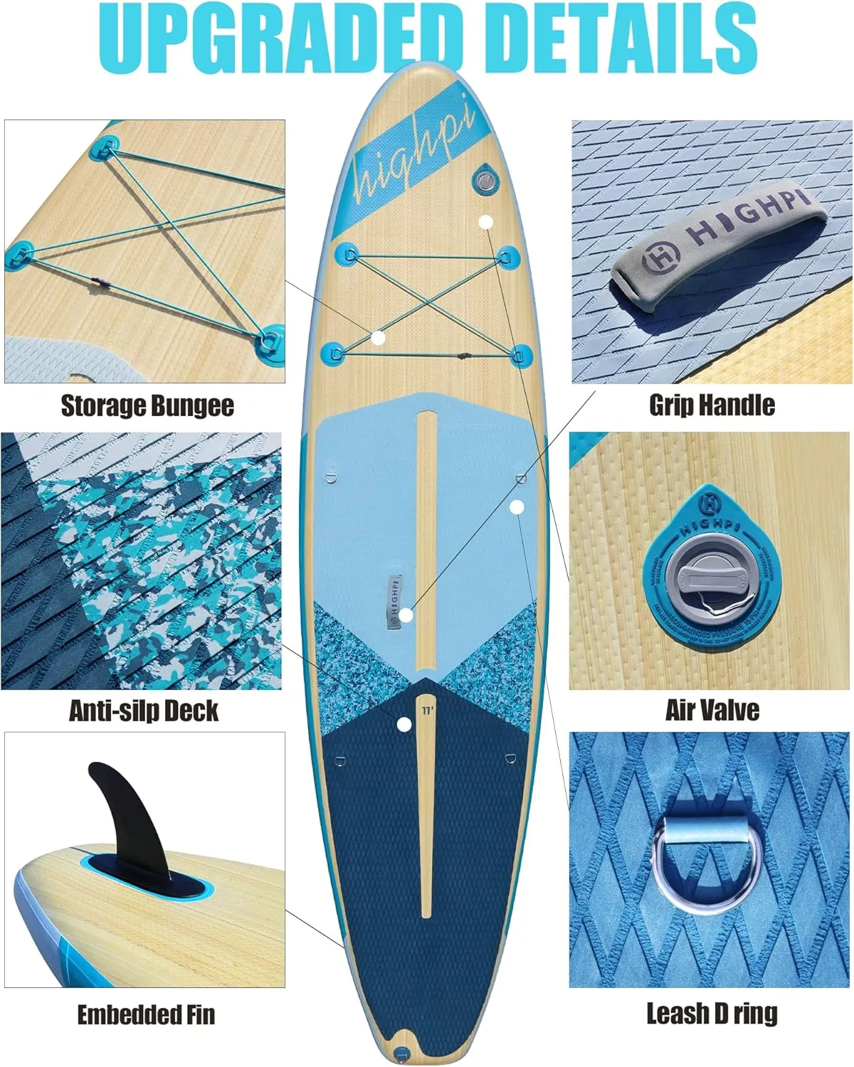 Highpi Inflatable Stand Up Paddle Board Premium SUP Accessories, Backpack, Wide Stance, Surf Control, Non-Slip Deck, Leash, Paddle and Pump, Standing Boat for Youth and Adult