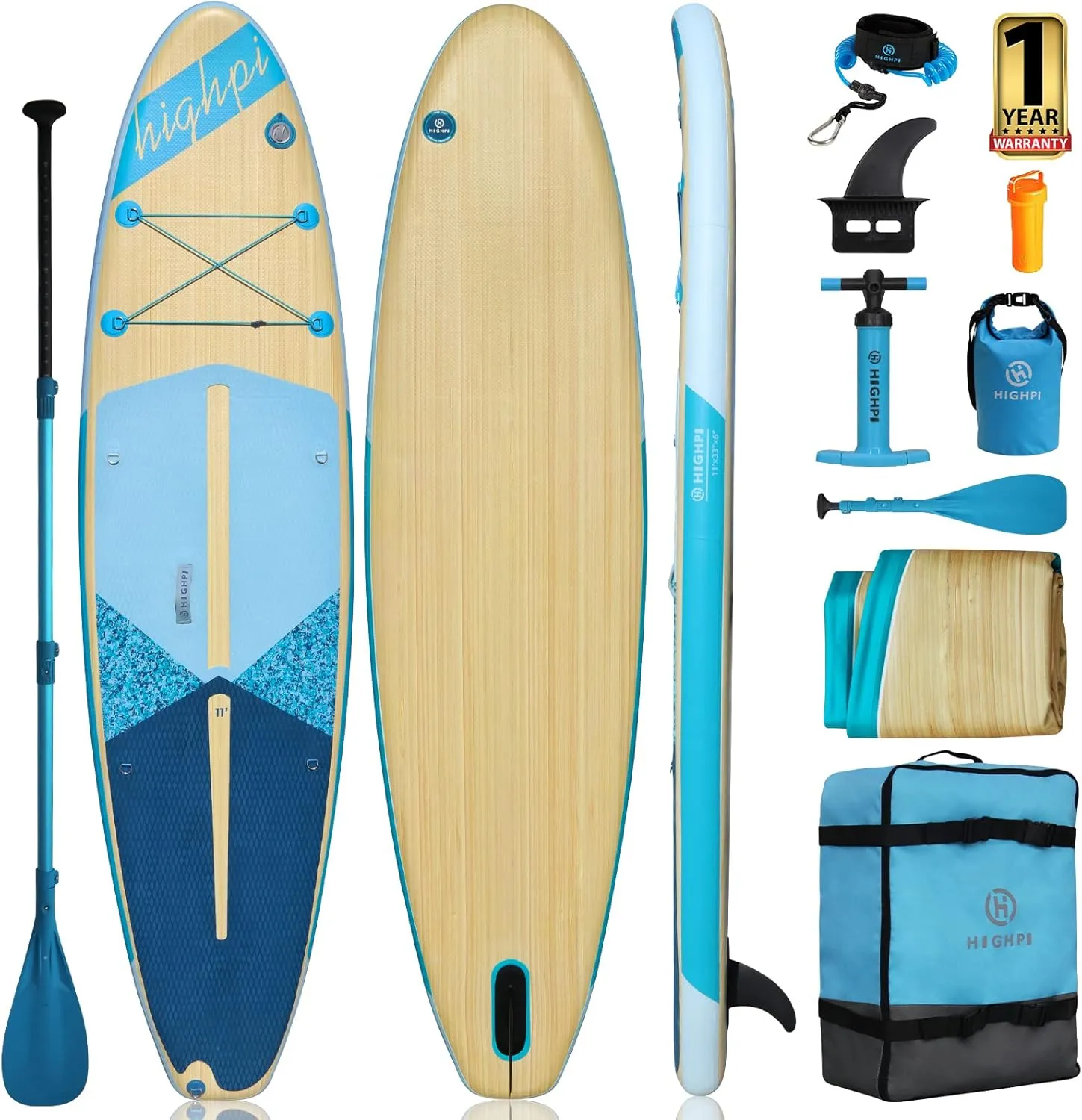 Highpi Inflatable Stand Up Paddle Board Premium SUP Accessories, Backpack, Wide Stance, Surf Control, Non-Slip Deck, Leash, Paddle and Pump, Standing Boat for Youth and Adult