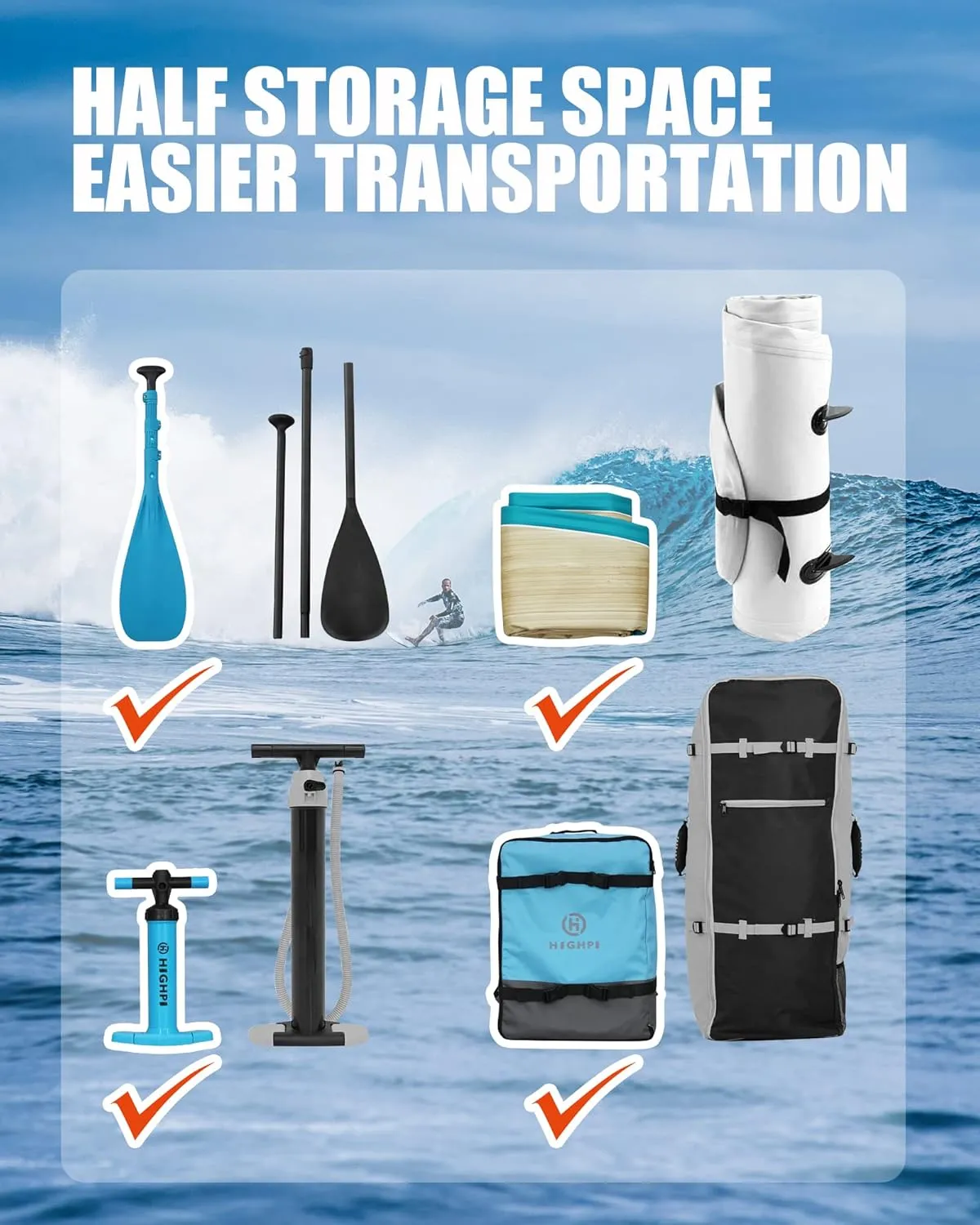 Highpi Inflatable Stand Up Paddle Board Premium SUP Accessories, Backpack, Wide Stance, Surf Control, Non-Slip Deck, Leash, Paddle and Pump, Standing Boat for Youth and Adult