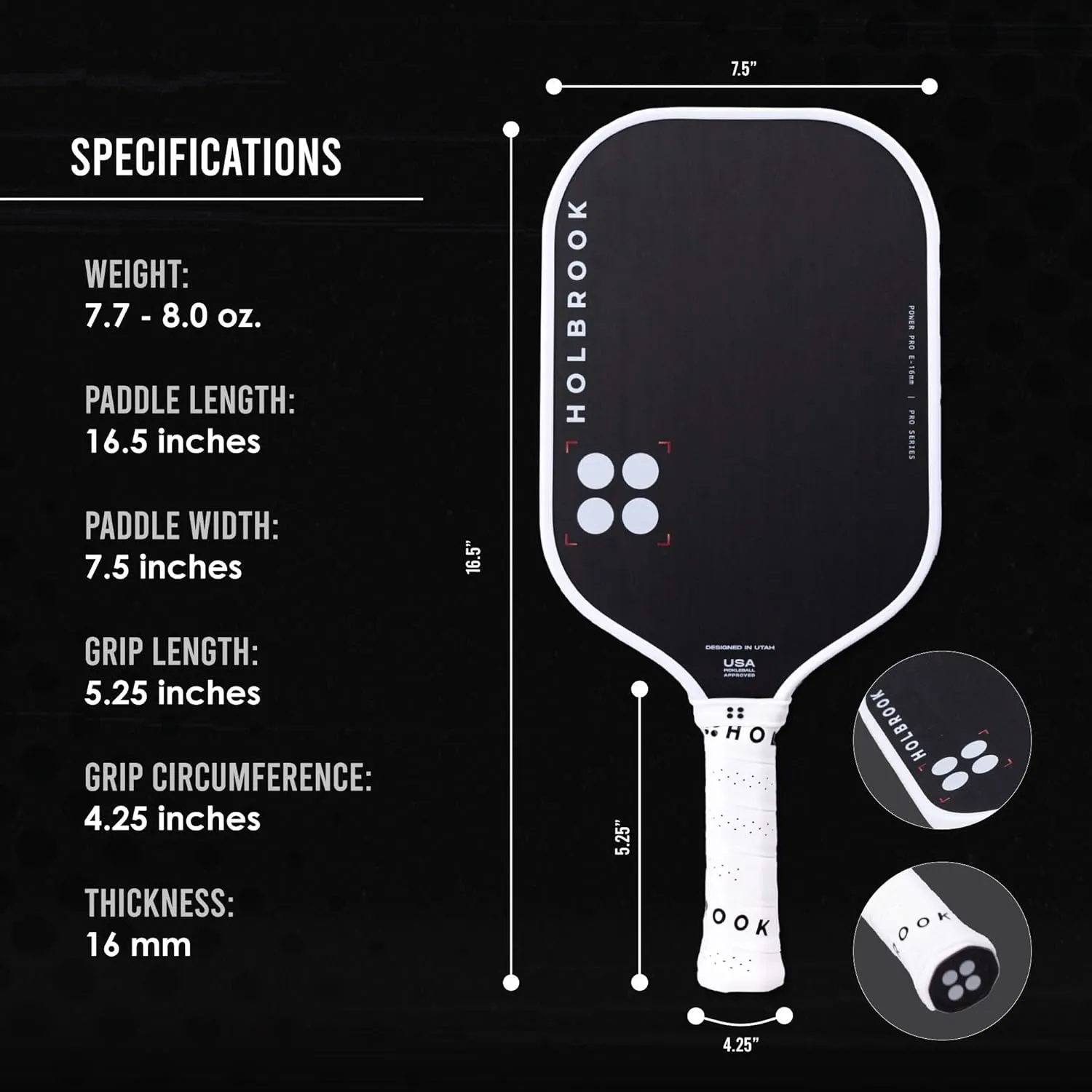 Holbrook Pickleball Paddles - Power Pro (Pro Series) Elite USAPA Approved Pickleball Paddle with Carbon Fiber Surface, Edgecraft Foam Polypropylene Core, Controlled Touch, Power and Spin