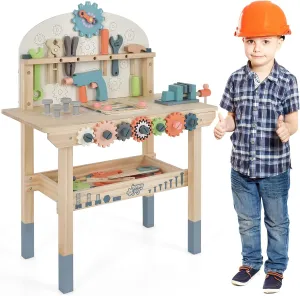 HONEY JOY Kids Tool Bench, Wooden Construction Power Tools Workshop, 55 Realistic Toy Tools and Accessories, Storage Shelf, Toddler Pretend Play Workbench Set, Gift for Kids Boys Girls (Style 2)