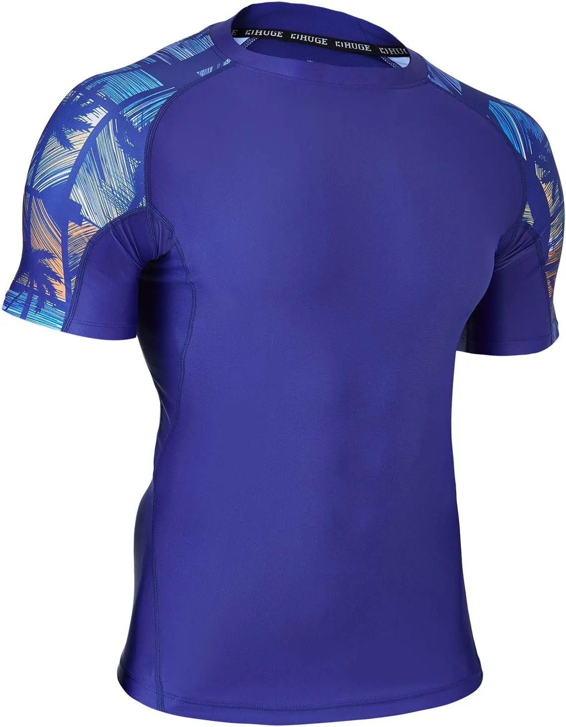 HUGE SPORTS Men's Rash Guard Short Sleeves UPF 50  UV Sun Protection Quick Drying Splice Compression Swim Shirts