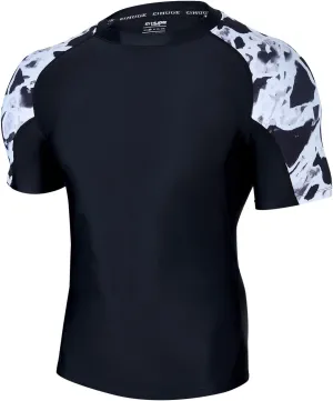 HUGE SPORTS Men's Rash Guard Short Sleeves UPF 50  UV Sun Protection Quick Drying Splice Compression Swim Shirts