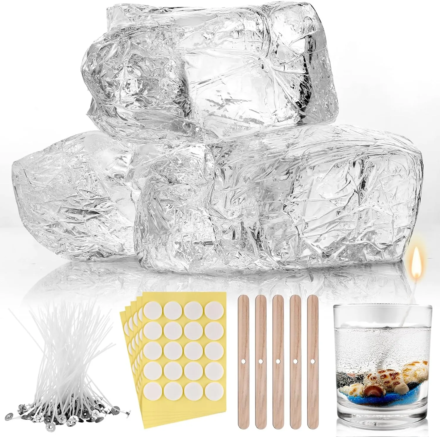 HyqehrtYazc 4.4 lb Clear Jelly Candle Wax High Density Gel Wax for Candle Making 50 Pcs Wick and 60 Pcs Wick Stickers for DIY Making Handmade Projects Material Supplies