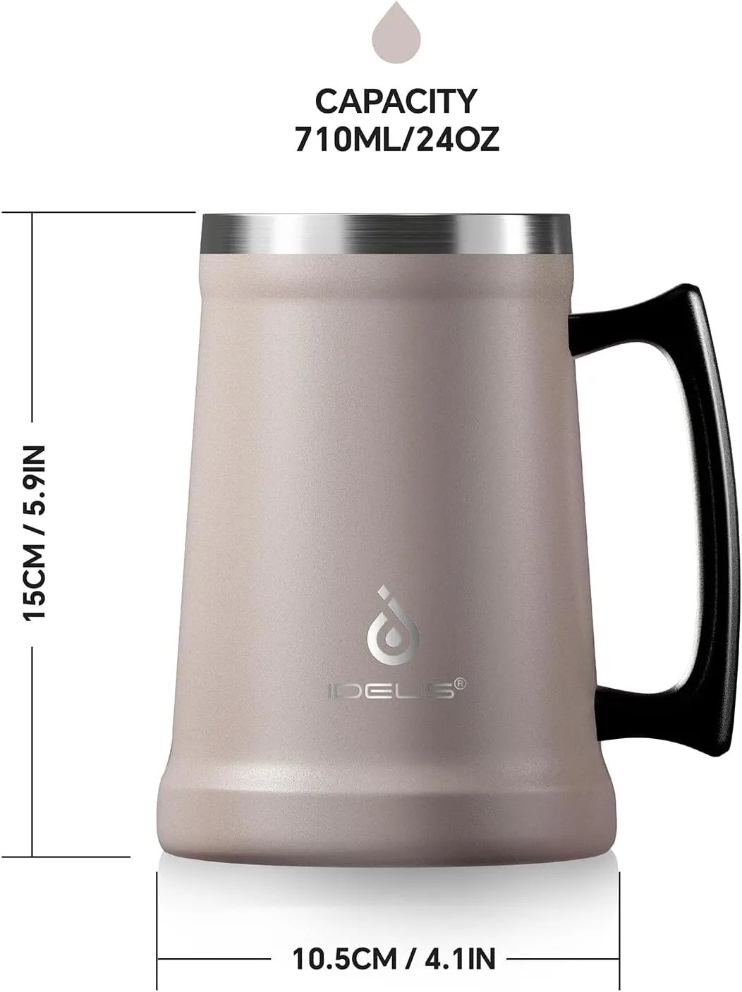 Ideus Insulated Beer Stein, 24/32oz Stainless Steel Double Walled Beer Mug Giant Bar Drinkware Metal Beer Cup with Big Grip Handle (24oz (710ml), Dusty Pink)