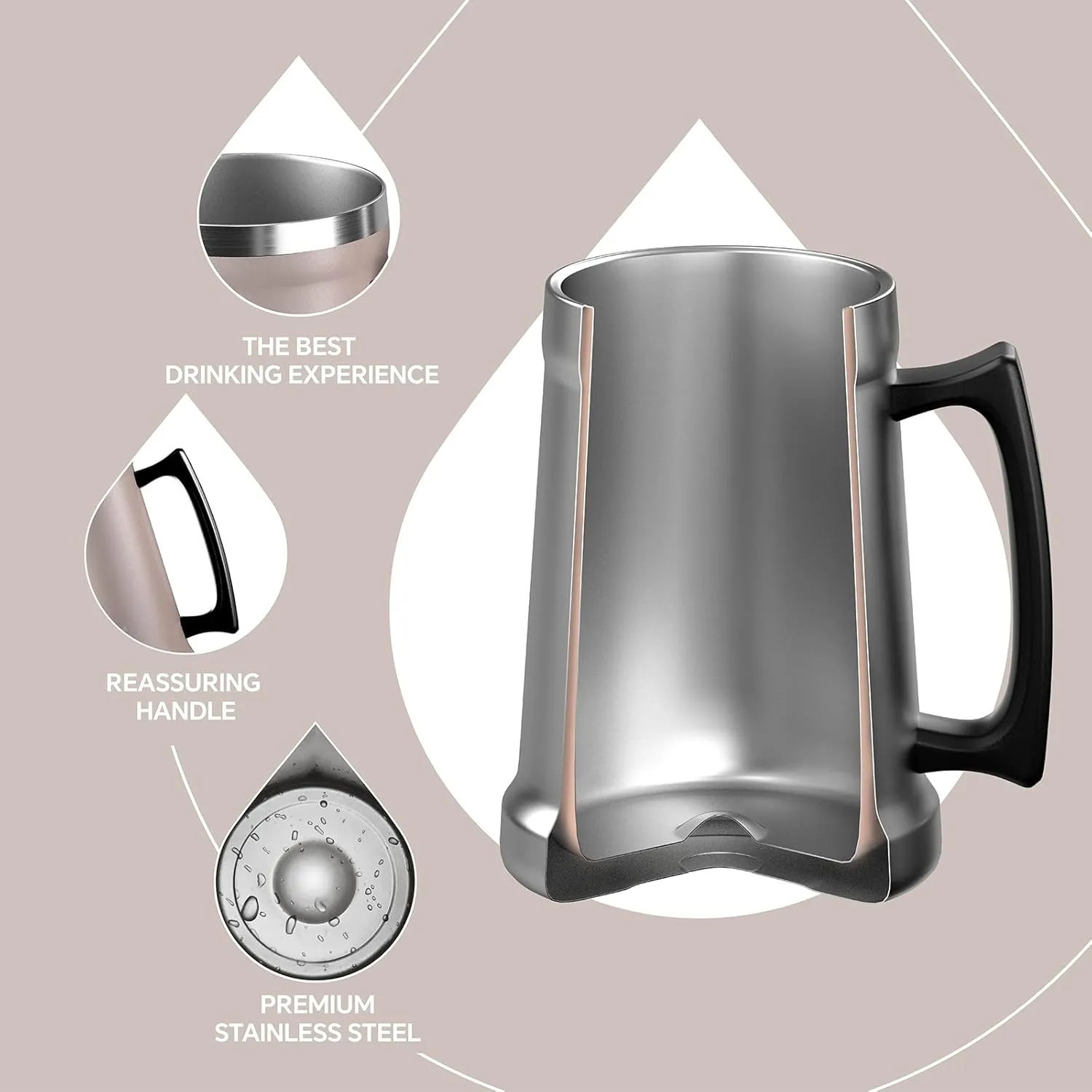 Ideus Insulated Beer Stein, 24/32oz Stainless Steel Double Walled Beer Mug Giant Bar Drinkware Metal Beer Cup with Big Grip Handle (24oz (710ml), Dusty Pink)