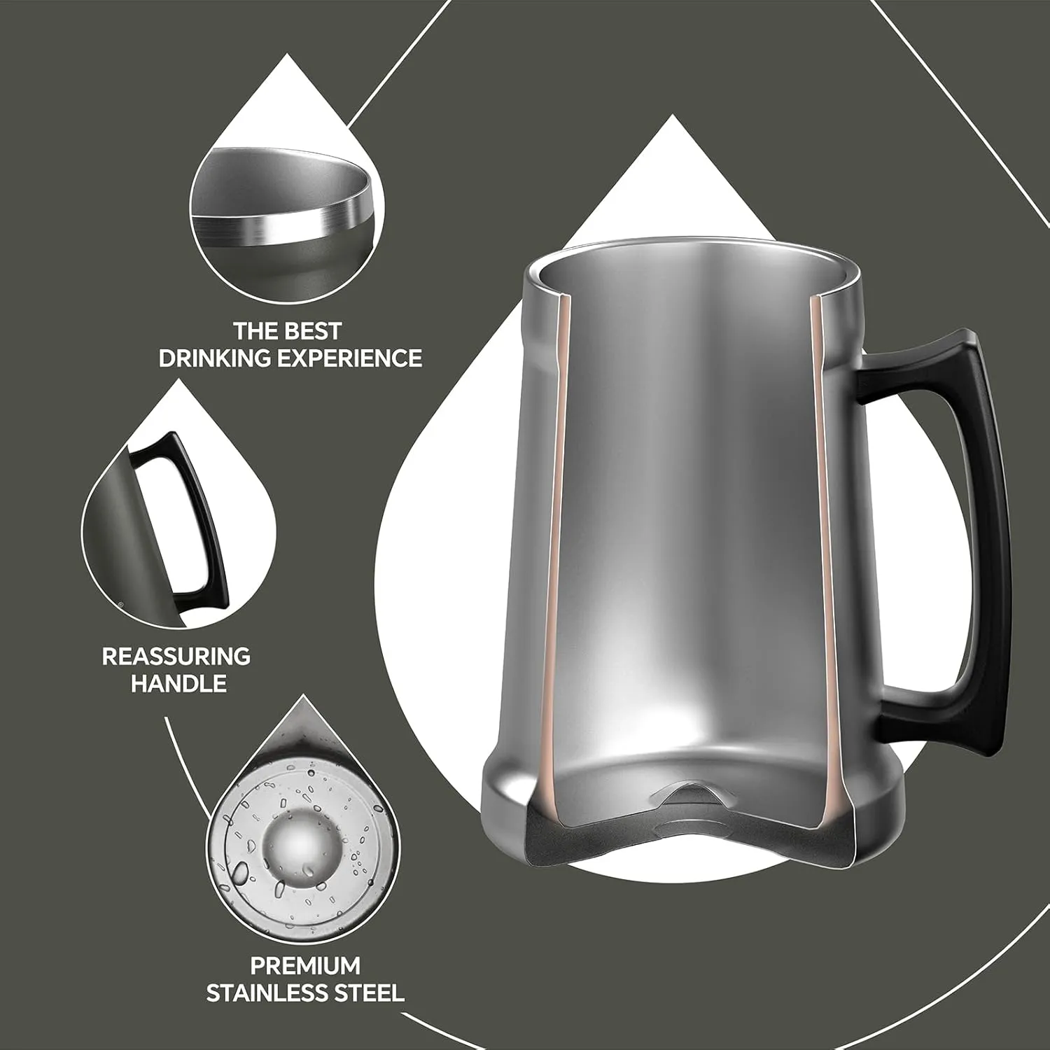 Ideus Insulated Beer Stein, 24/32oz Stainless Steel Double Walled Beer Mug Giant Bar Drinkware Metal Beer Cup with Big Grip Handle (24oz (710ml), Grey)