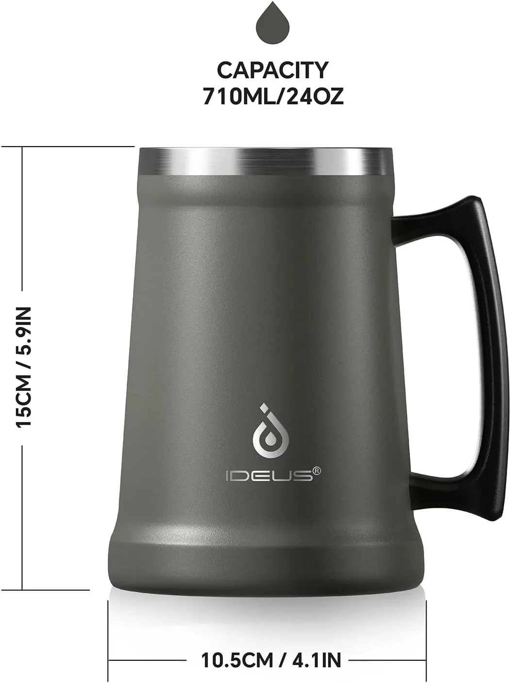 Ideus Insulated Beer Stein, 24/32oz Stainless Steel Double Walled Beer Mug Giant Bar Drinkware Metal Beer Cup with Big Grip Handle (24oz (710ml), Grey)