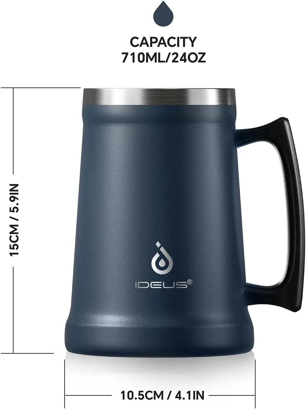 Ideus Insulated Beer Stein, 24/32oz Stainless Steel Double Walled Beer Mug Giant Bar Drinkware Metal Beer Cup with Big Grip Handle (24oz (710ml), Navy Blue)