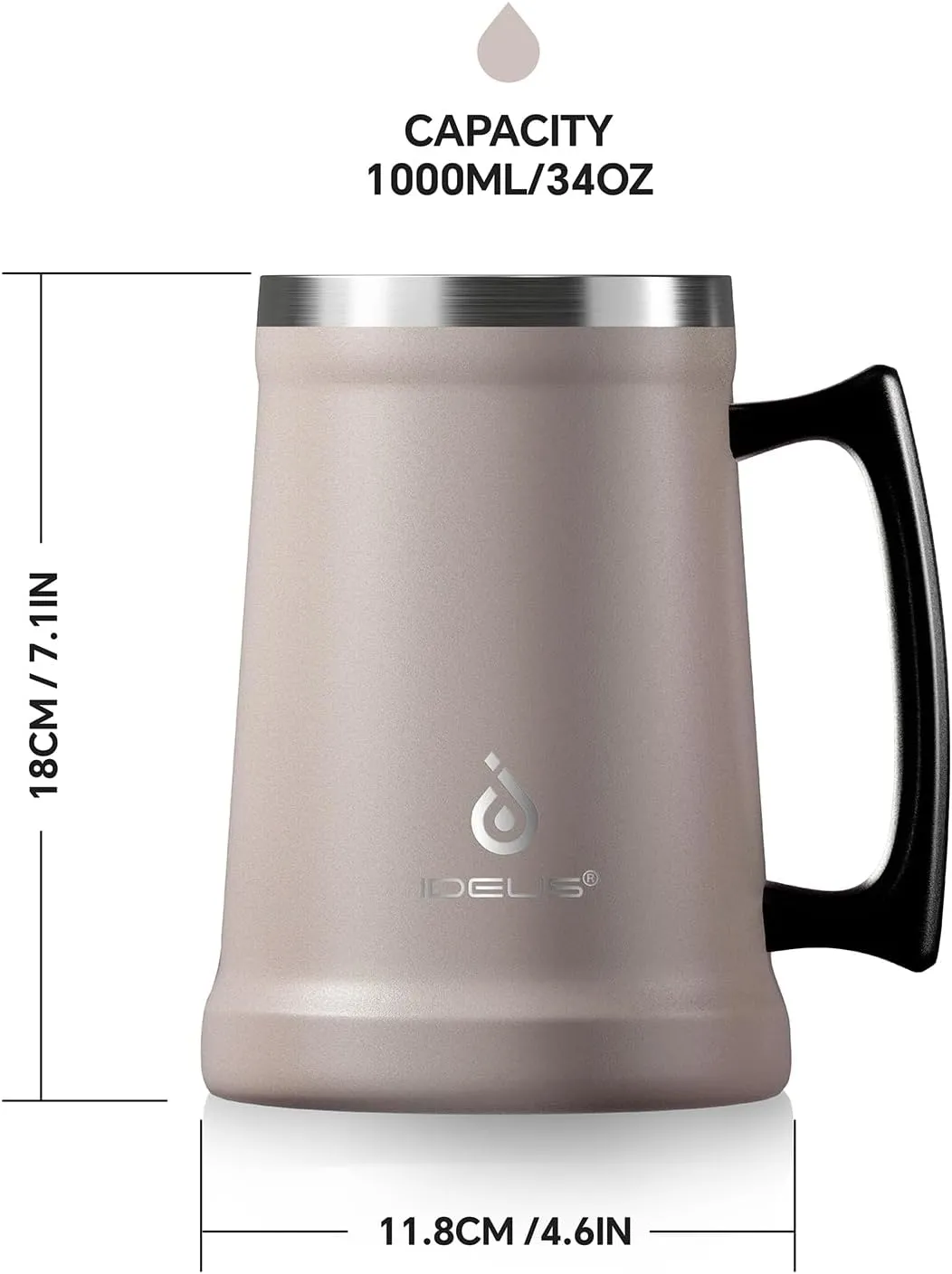 Ideus Insulated Beer Stein, 24/32oz Stainless Steel Double Walled Beer Mug Giant Bar Drinkware Metal Beer Cup with Big Grip Handle (34oz (1,000ml), Dusty Pink)