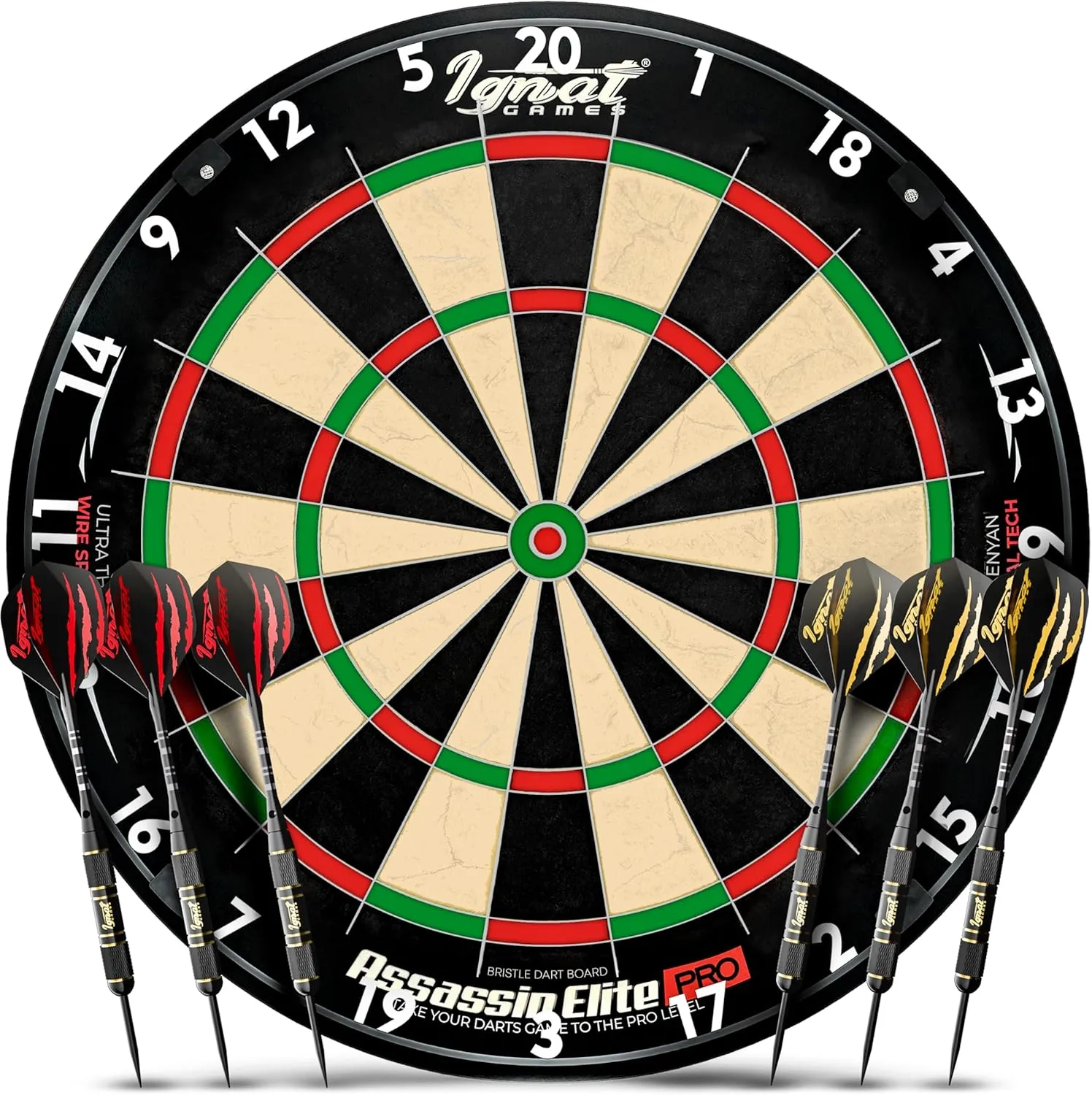 IgnatGames Dartboard Professional Set - Competition Size Kenyan Sisal Dart Board for Adults - Staple-Free Ultra-Thin Wire Spider with Accessories & 6 pcs Premium Darts