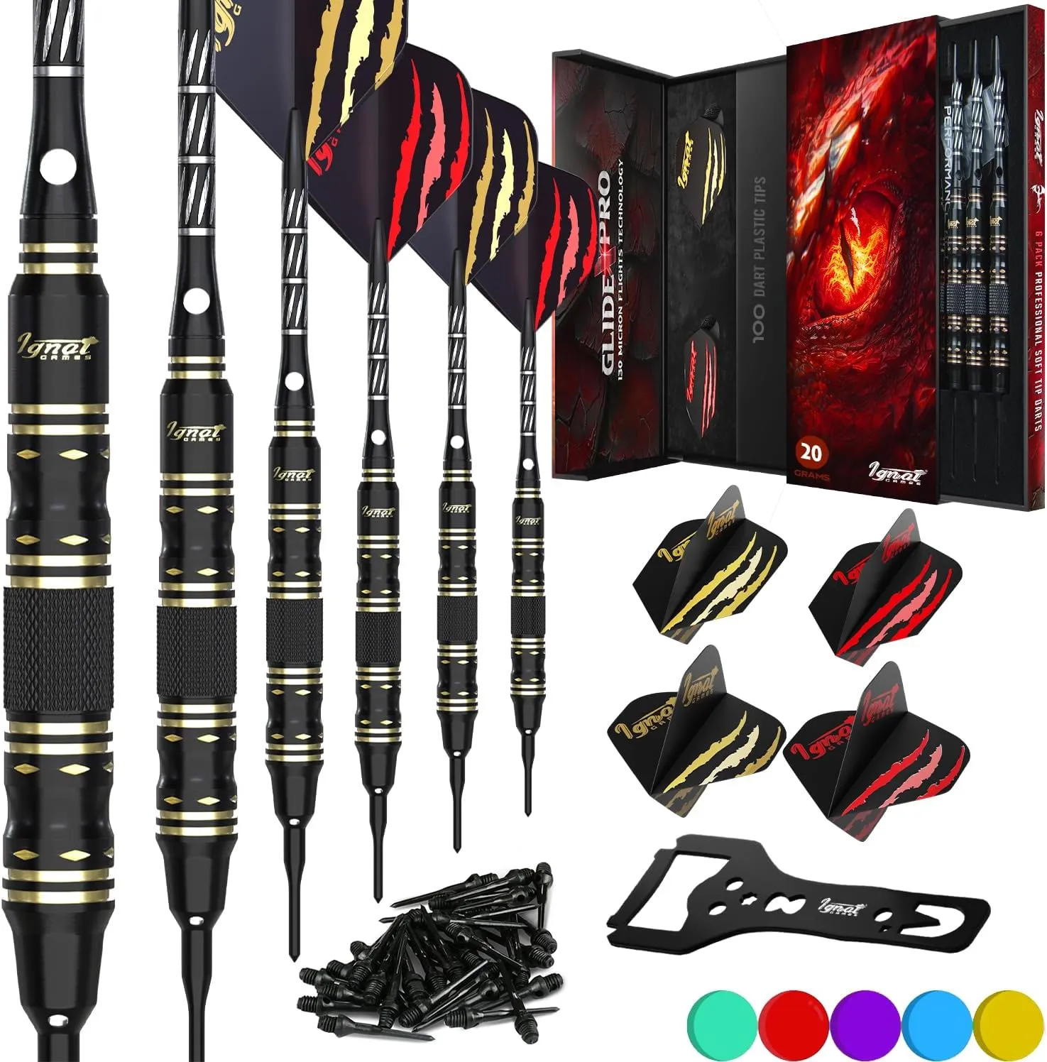 IgnatGames Darts Plastic Tip Sets - 6/12 Pack Soft Tip Darts for Electronic Dartboard with Brass Barels and Aluminum Shafts - 100 Extra Tips and 16 Flights, Wrench & Innovative Case