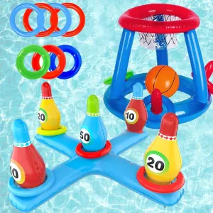 Inflatable Pool Basketball Toys Set, Floating Swimming Ring & Beach Ball Toss Games Summer Party Fun Favors Water Battle Game for Kids & Adults (Set B - Basketball   Bowling Cross)