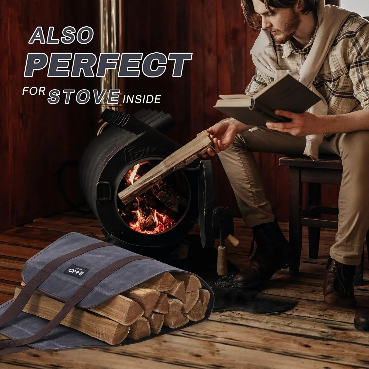 INNO STAGE Canvas Wood Carriers Log Tote Bag,40"X19" Firewood Holder,Fireplace Wood Stove Accessories