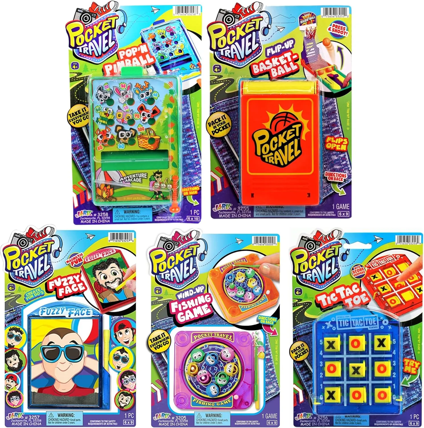JA-RU Pocket Travel Toy Set (5 Toys) Kids Mini Handheld Games. Pinball Machine, Finger Basketball, Fishing Game, Magnetic Beard, & Small Tic Tac Toe. Party Favors. 3255-3258-3257-3205-3256p
