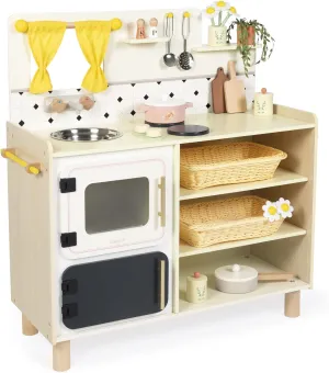 Janod - Large Wooden Children's Kitchen - Equipped with 2 Ovens, Sink and 16 Accessories Included - Rotating Sound Buttons - Imitation Toy and Awakening - from 3 Years Old, J06642