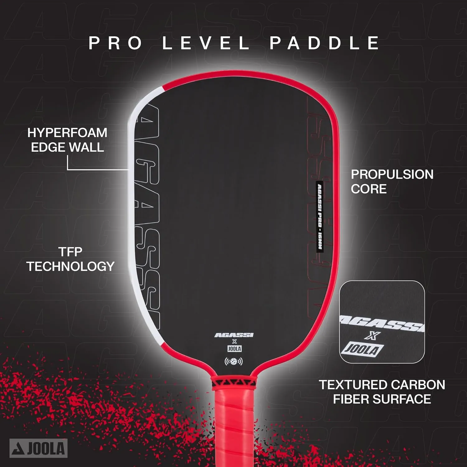 JOOLA Agassi PRO IV 16mm Pickleball Paddle w/Extended Sweet Spot - Carbon Fiber Surface Increases Spin & Control - SK Film for Power & Larger Sweet spot - UPA-A Certified - USAP Approved - NFC Chip