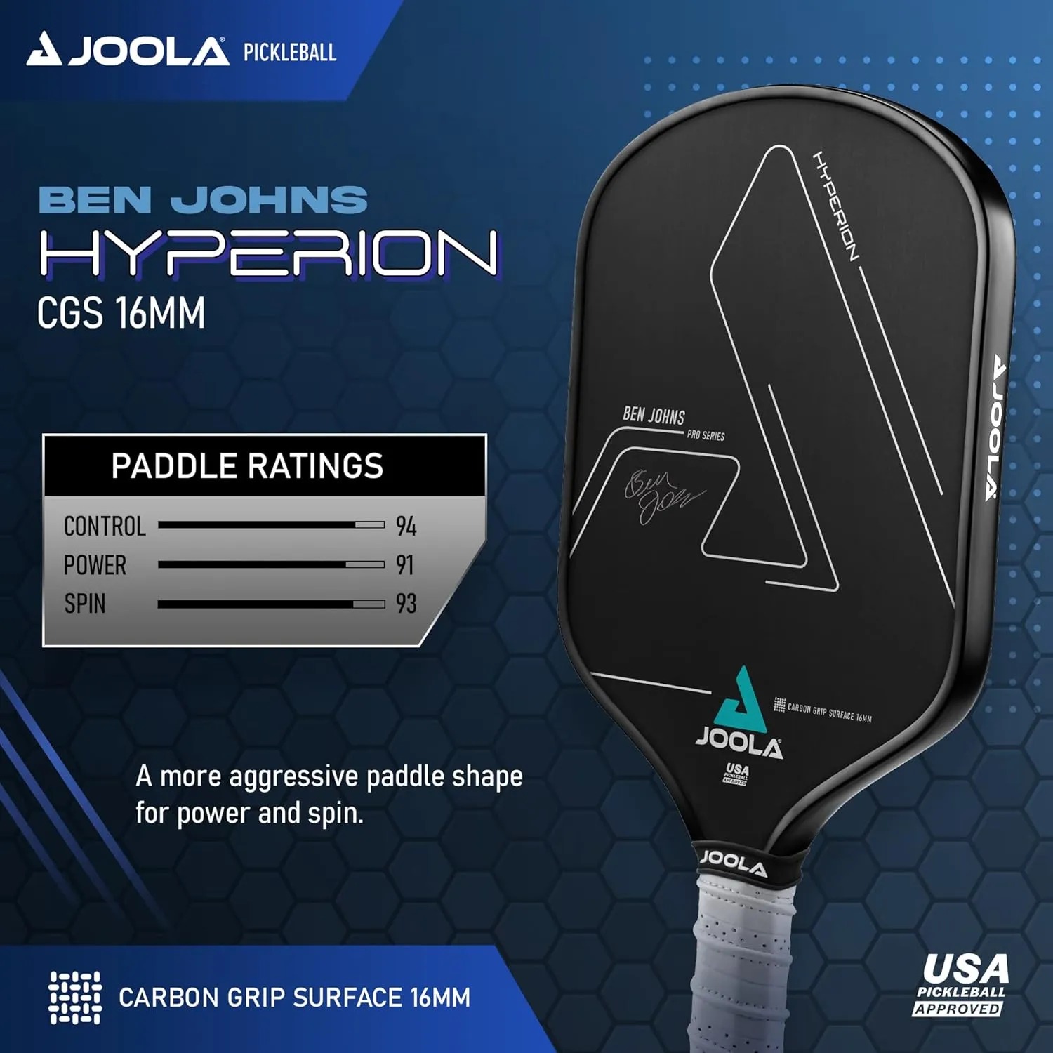 JOOLA Ben Johns Hyperion CGS Pickleball Paddle - Textured Carbon Grip Surface Technology for Spin & Control with Added Power - Polypropylene Honeycomb Core Pickleball Racket