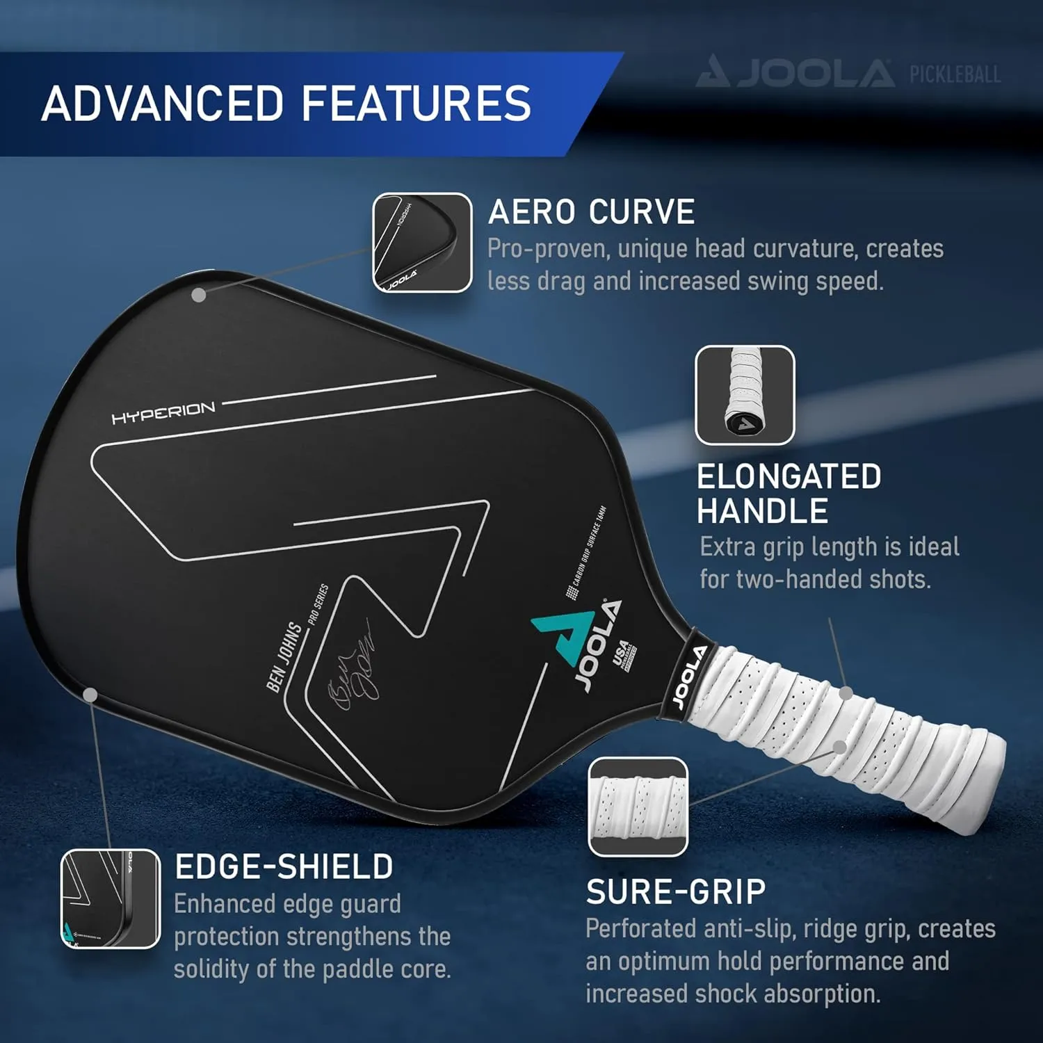 JOOLA Ben Johns Hyperion CGS Pickleball Paddle - Textured Carbon Grip Surface Technology for Spin & Control with Added Power - Polypropylene Honeycomb Core Pickleball Racket