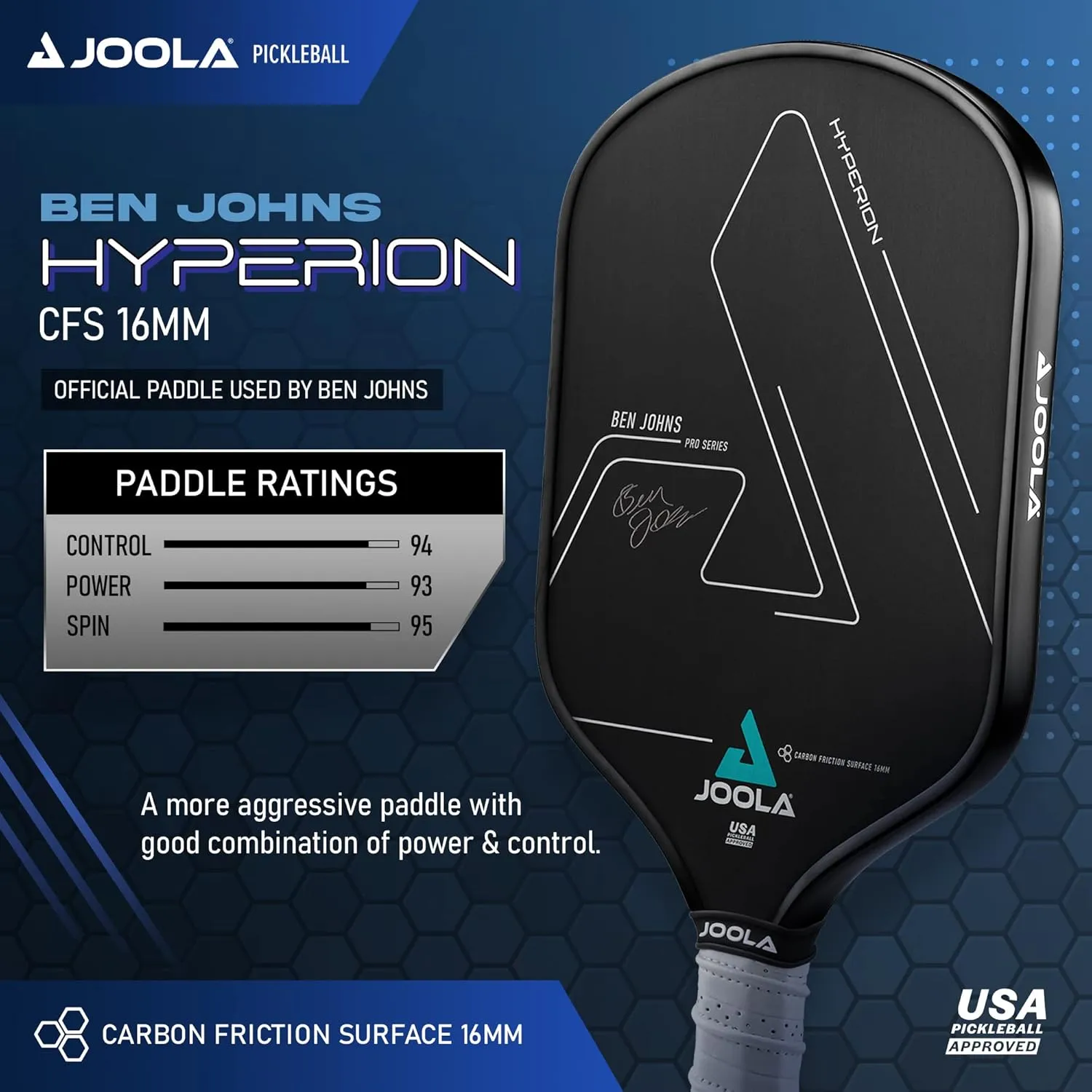 JOOLA Ben Johns Hyperion Pickleball Paddle - Select Raw Carbon Surface or Carbon Abrasion Surface for Increased Power and Spin - Elongated Grip Handle - Carbon Fiber Pickleball Paddle - USAP Approved