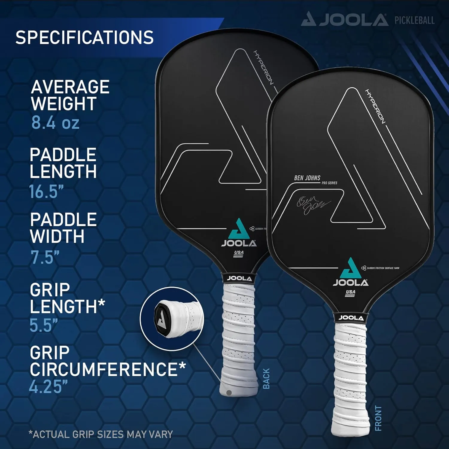 JOOLA Ben Johns Hyperion Pickleball Paddle - Select Raw Carbon Surface or Carbon Abrasion Surface for Increased Power and Spin - Elongated Grip Handle - Carbon Fiber Pickleball Paddle - USAP Approved