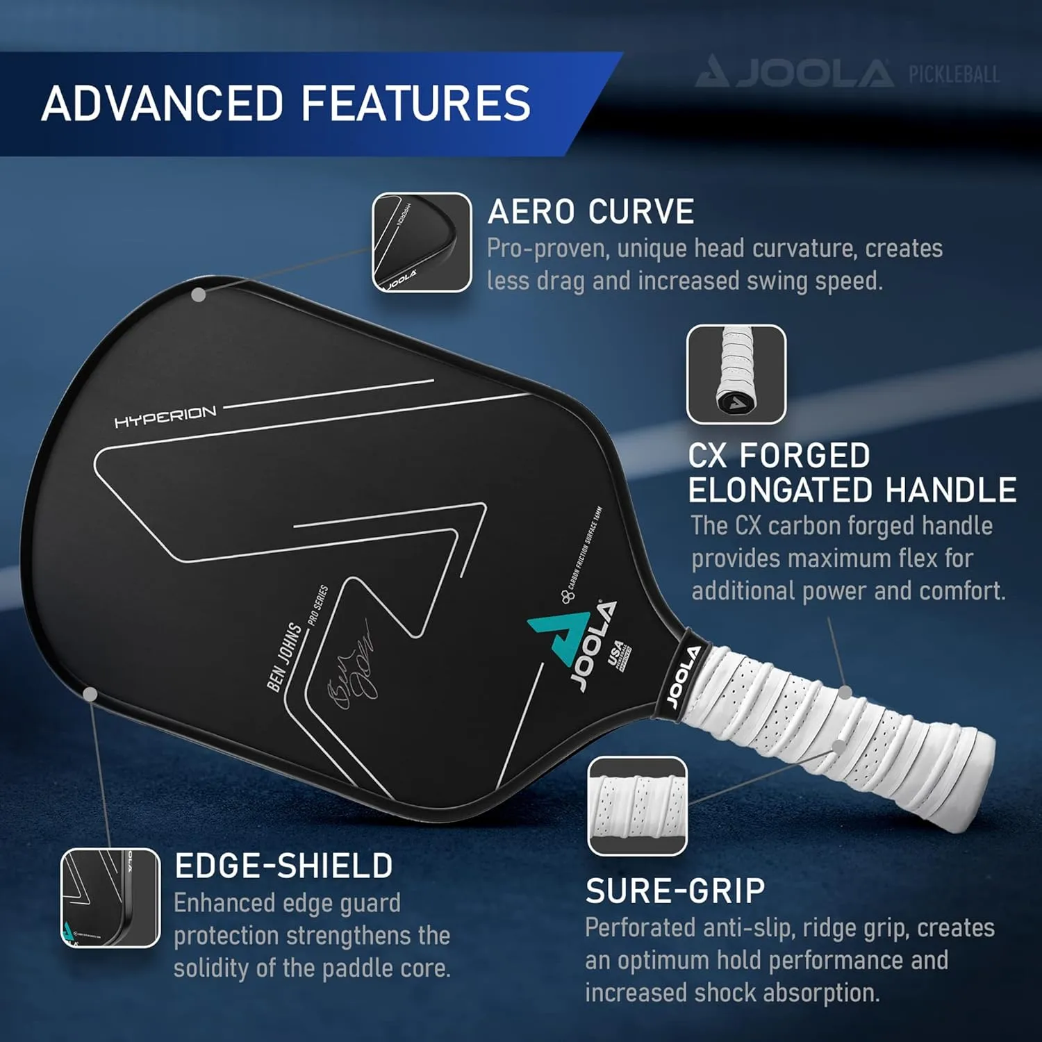 JOOLA Ben Johns Hyperion Pickleball Paddle - Select Raw Carbon Surface or Carbon Abrasion Surface for Increased Power and Spin - Elongated Grip Handle - Carbon Fiber Pickleball Paddle - USAP Approved