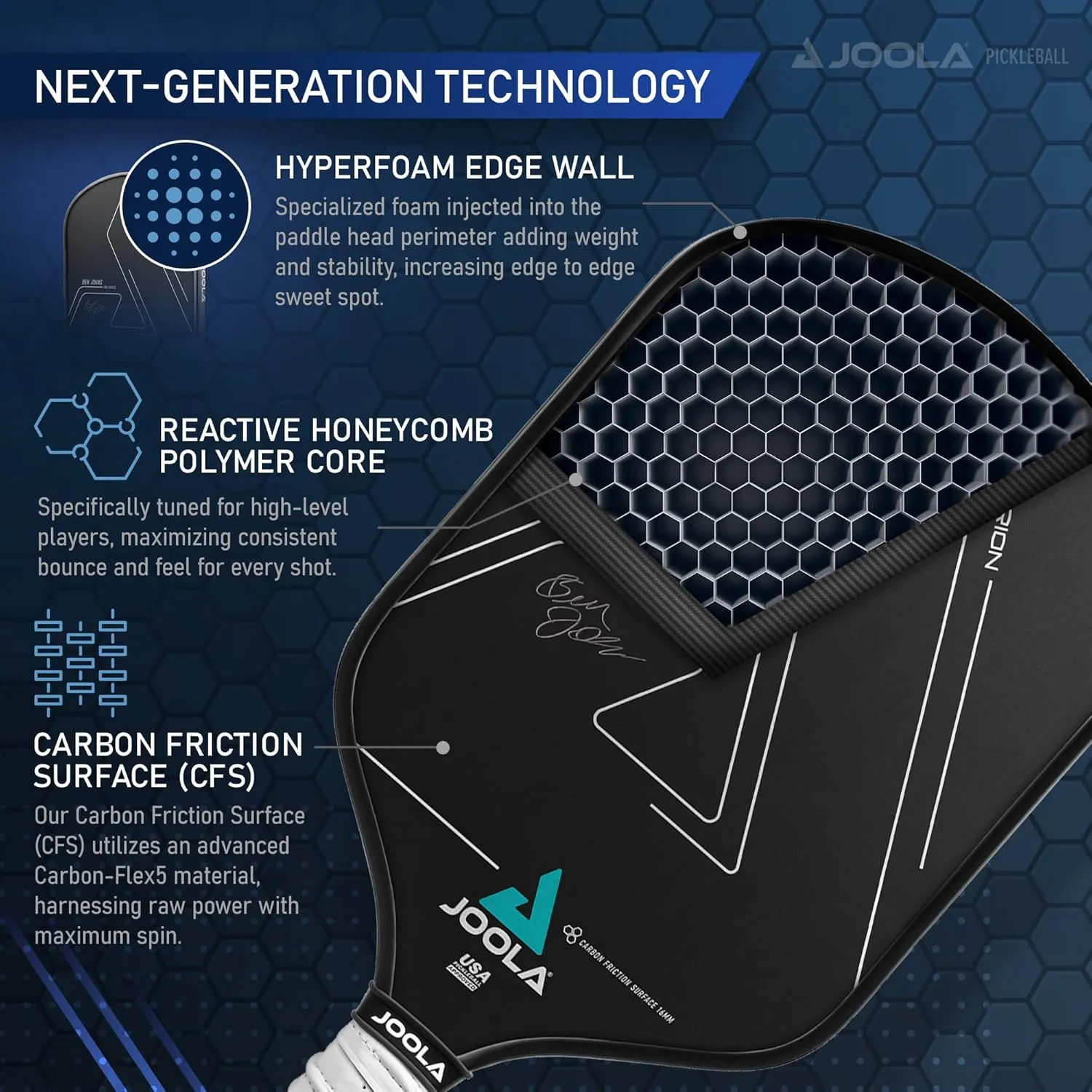 JOOLA Ben Johns Hyperion Pickleball Paddle - Select Raw Carbon Surface or Carbon Abrasion Surface for Increased Power and Spin - Elongated Grip Handle - Carbon Fiber Pickleball Paddle - USAP Approved
