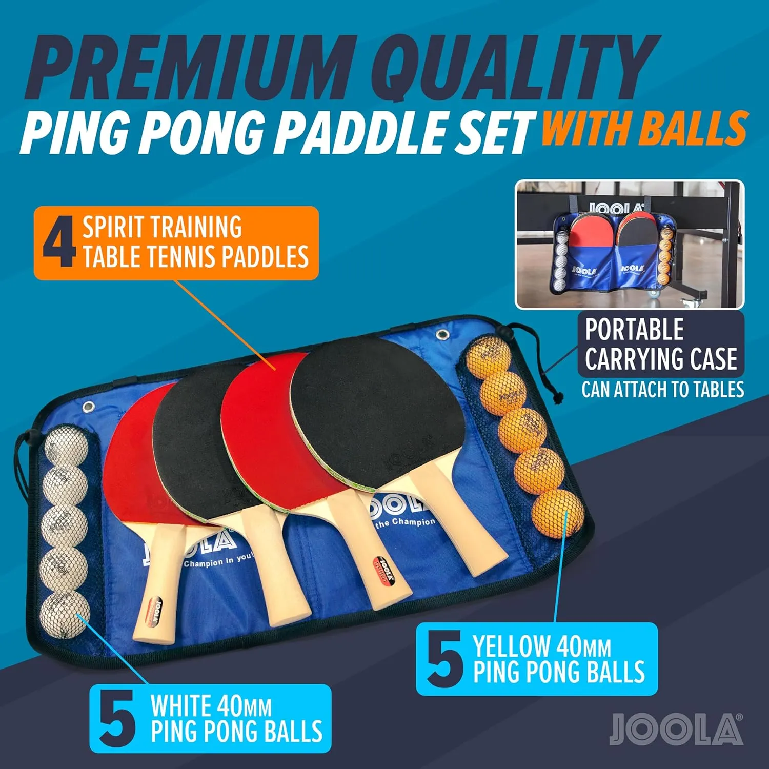 JOOLA Premium Table Tennis Set - 4 Regulation Ping Pong Paddles,Training Ping Pong Balls and Carrying Case - for Training and Recreational Play - Indoor and Outdoor Compatible