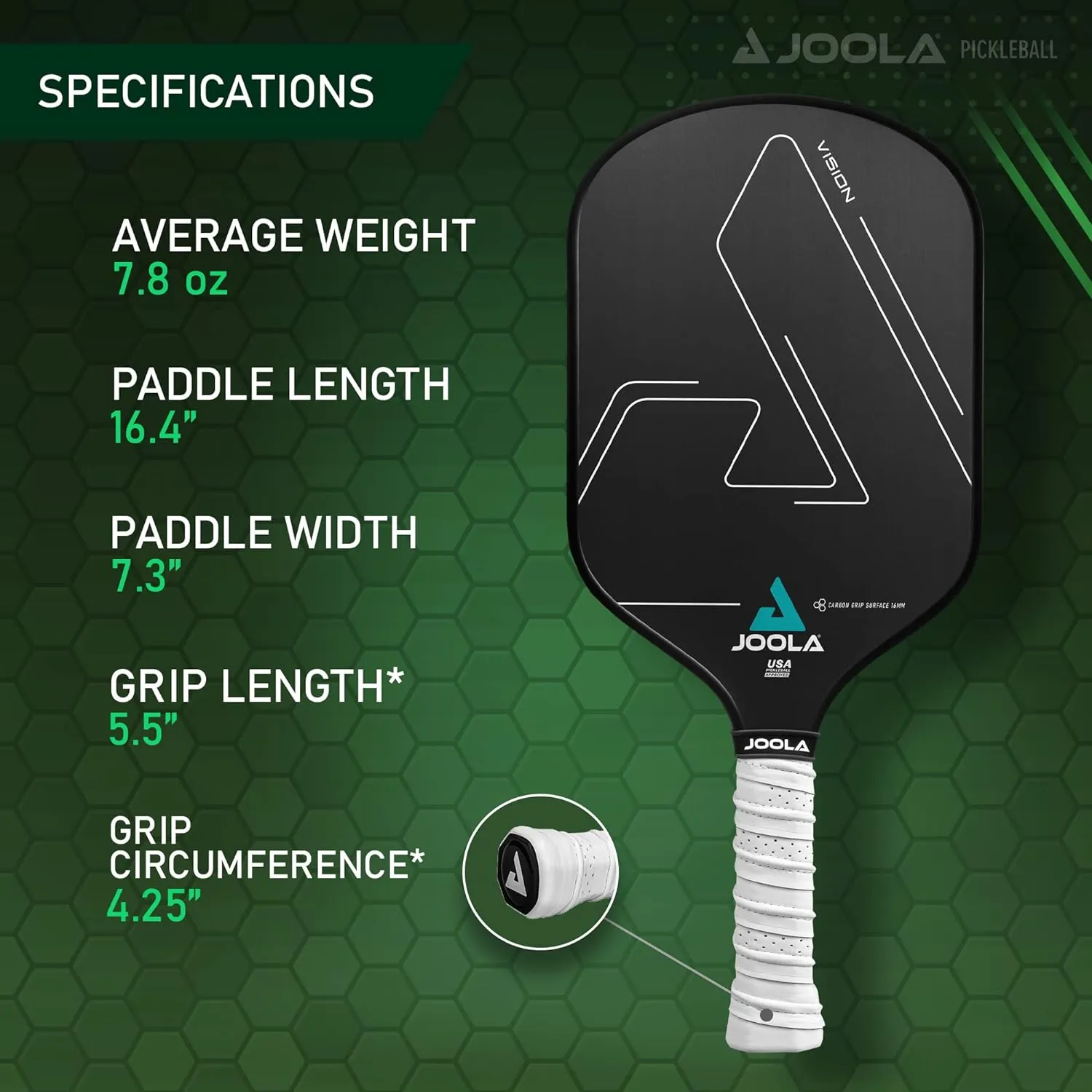 Joola Vision Pickleball Paddle with Textured Carbon Grip Surface Technology for Maximum Spin and Control with Added Power - Polypropylene Honeycomb Core Pickleball Racket 16mm