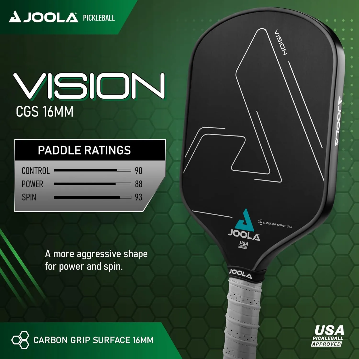 Joola Vision Pickleball Paddle with Textured Carbon Grip Surface Technology for Maximum Spin and Control with Added Power - Polypropylene Honeycomb Core Pickleball Racket 16mm