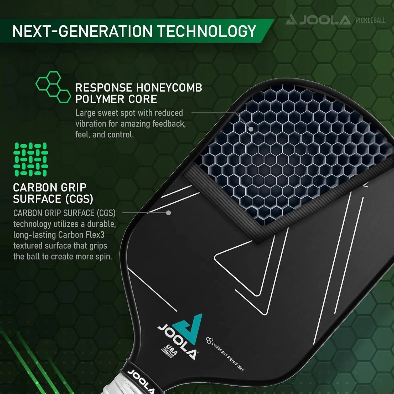 Joola Vision Pickleball Paddle with Textured Carbon Grip Surface Technology for Maximum Spin and Control with Added Power - Polypropylene Honeycomb Core Pickleball Racket 16mm