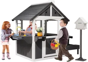 JOYMOR Kids Wooden Playhouse for Outdoor, Cottage with Sink, Picnic Table, Mailbox, Flowerpot Holders, Age 3-8 (Gray&White)
