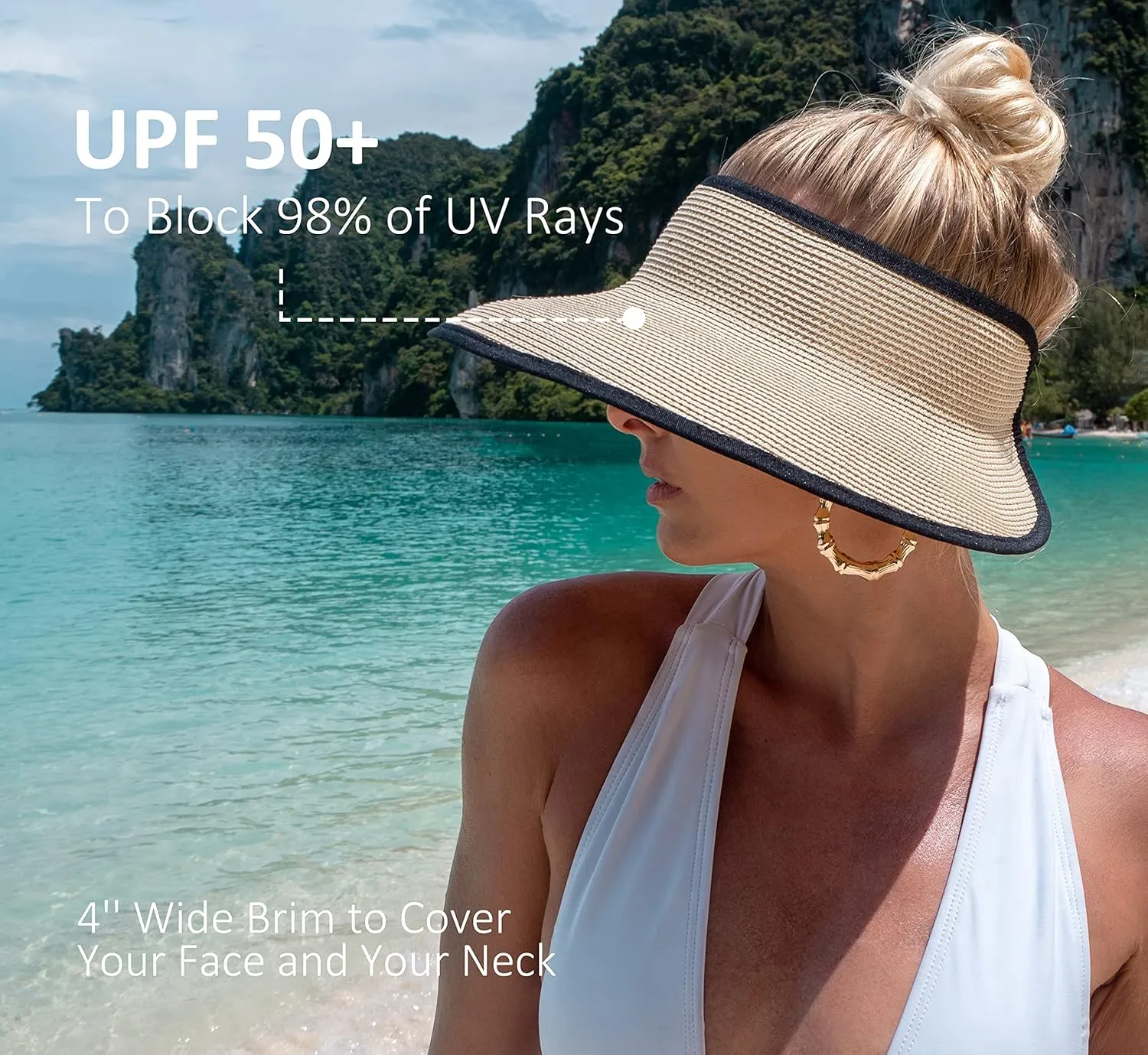 Joywant Womens Sun Visor Hats, Packable Wide Brim Ponytail Beach Hat Straw Visor Summer Beach Vacation Essentials for Womens