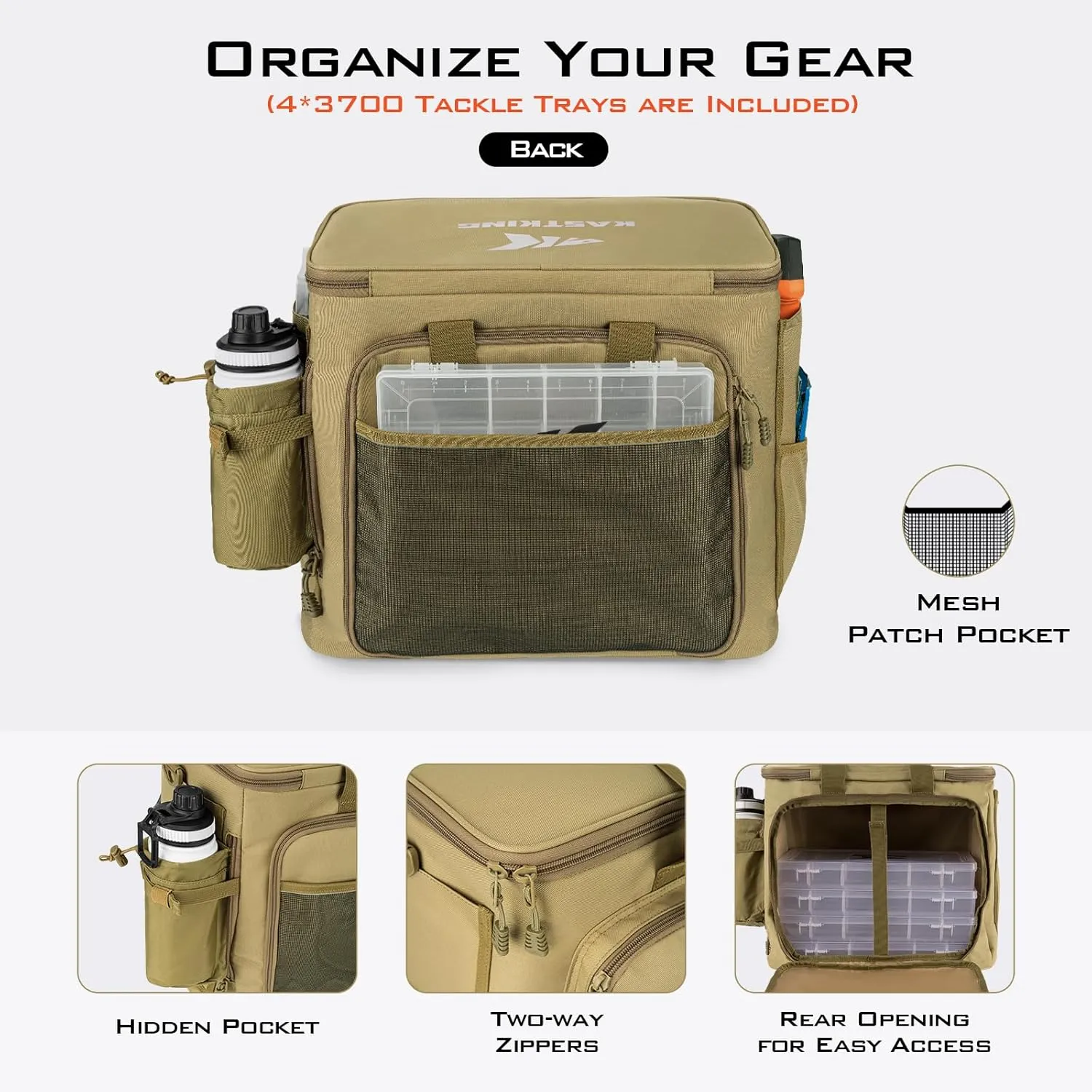 KastKing Karryall Fishing Tackle Bags with 4 * 3700 Tackle Trays, Fishing Bags for Saltwater or Freshwater Fishing - Fishing Gear Storage, Khaki